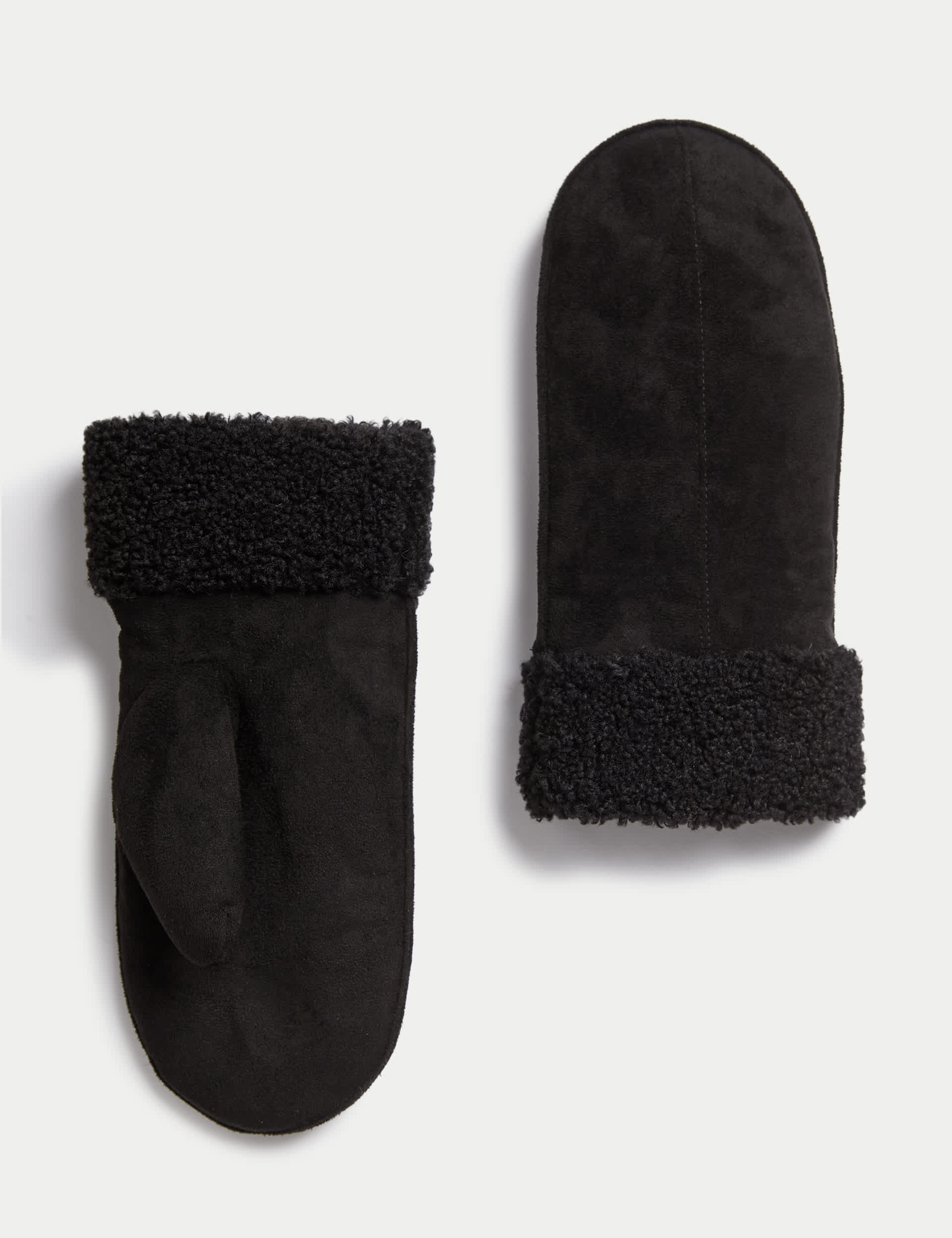 M&S Women's Faux Suede Mittens - S-M - Black, Natural,Black