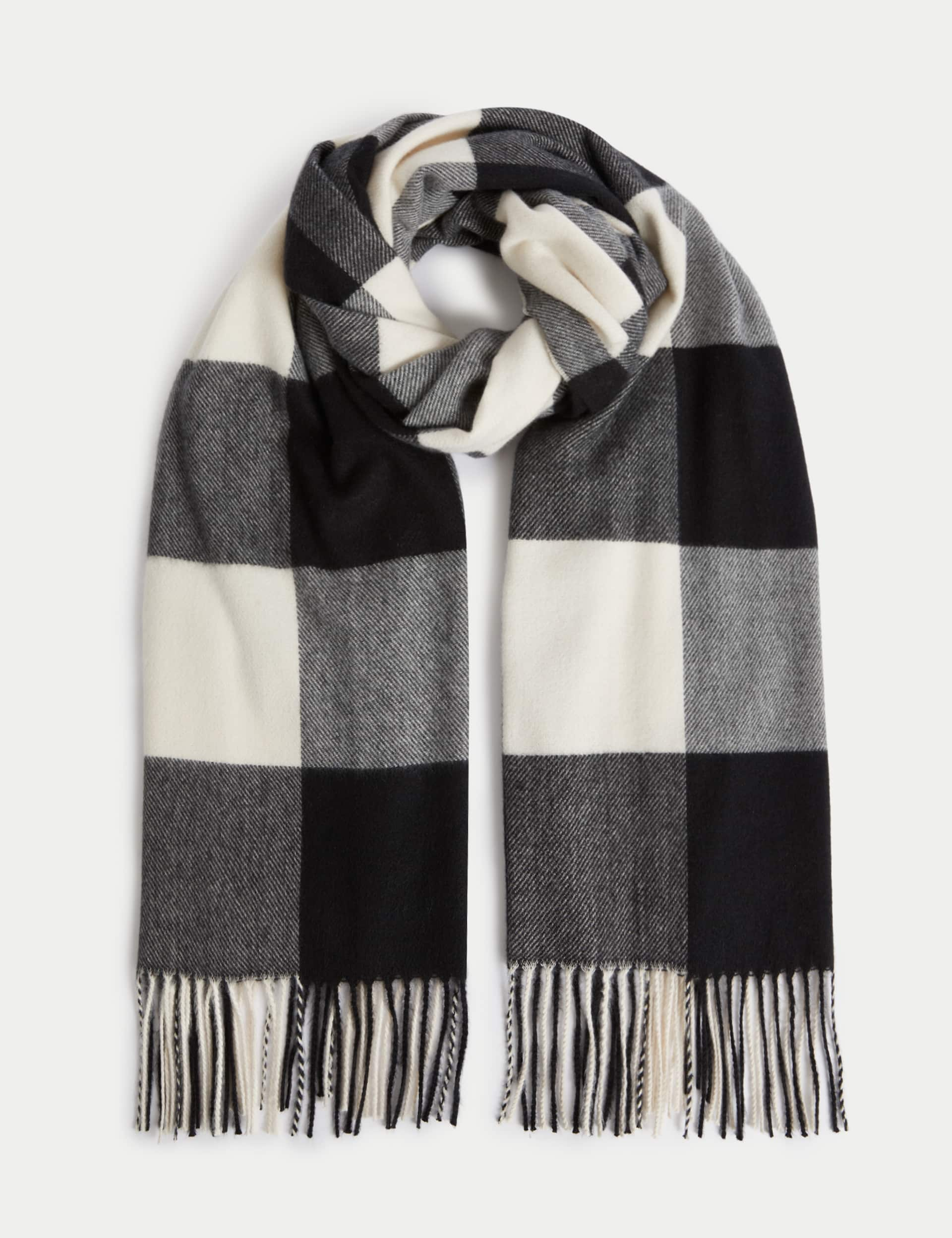 M&S Women's Checked Tassel Scarf - Black Mix, Black Mix,Burgundy Mix,Blue Mix,Natural Mix,Green Mix