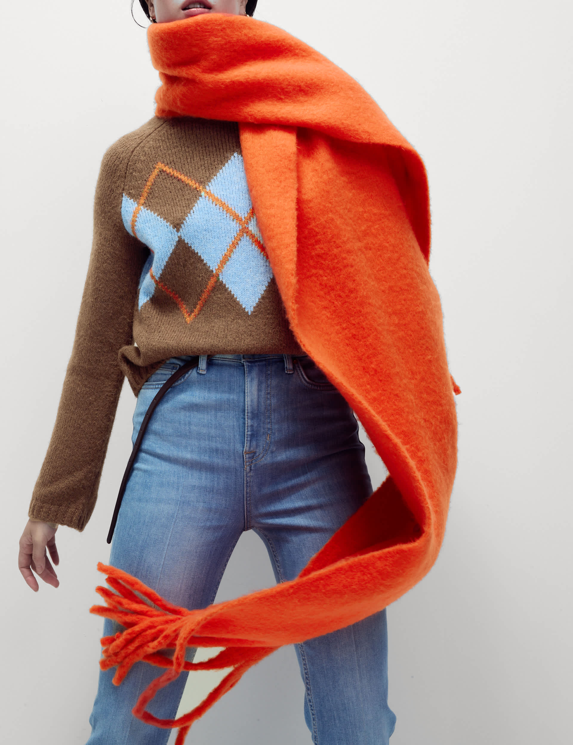 M&S Women's Brushed Colour Block Tassel Scarf