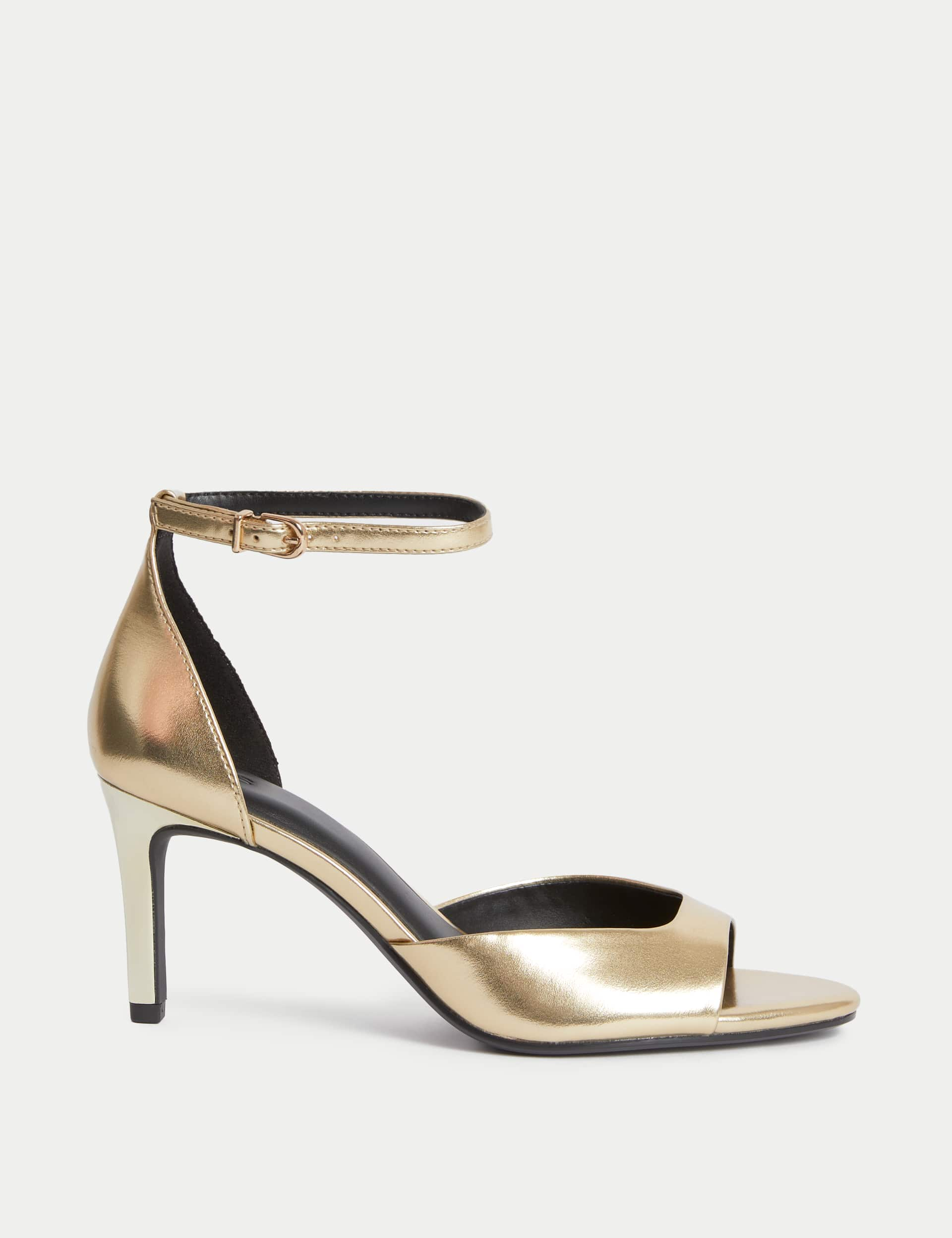 M&S Collection Women's Patent Metallic Buckle Ankle Strap Stiletto Heels - 6 - Gold, Gold