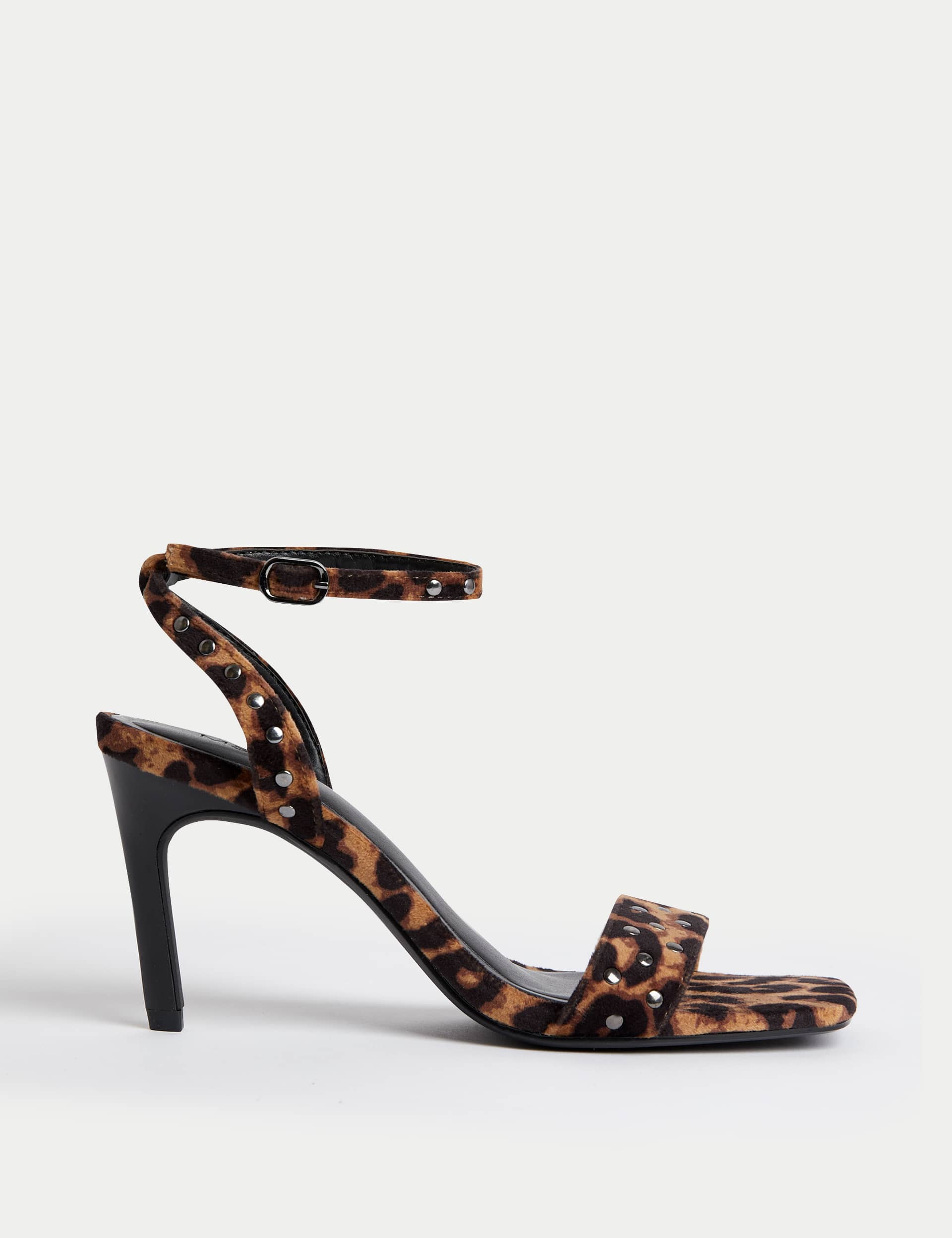 M&S Collection Women's Leopard Print Studded Ankle Strap Stiletto Heel Sandals - 6 - Brown Mix, Brow