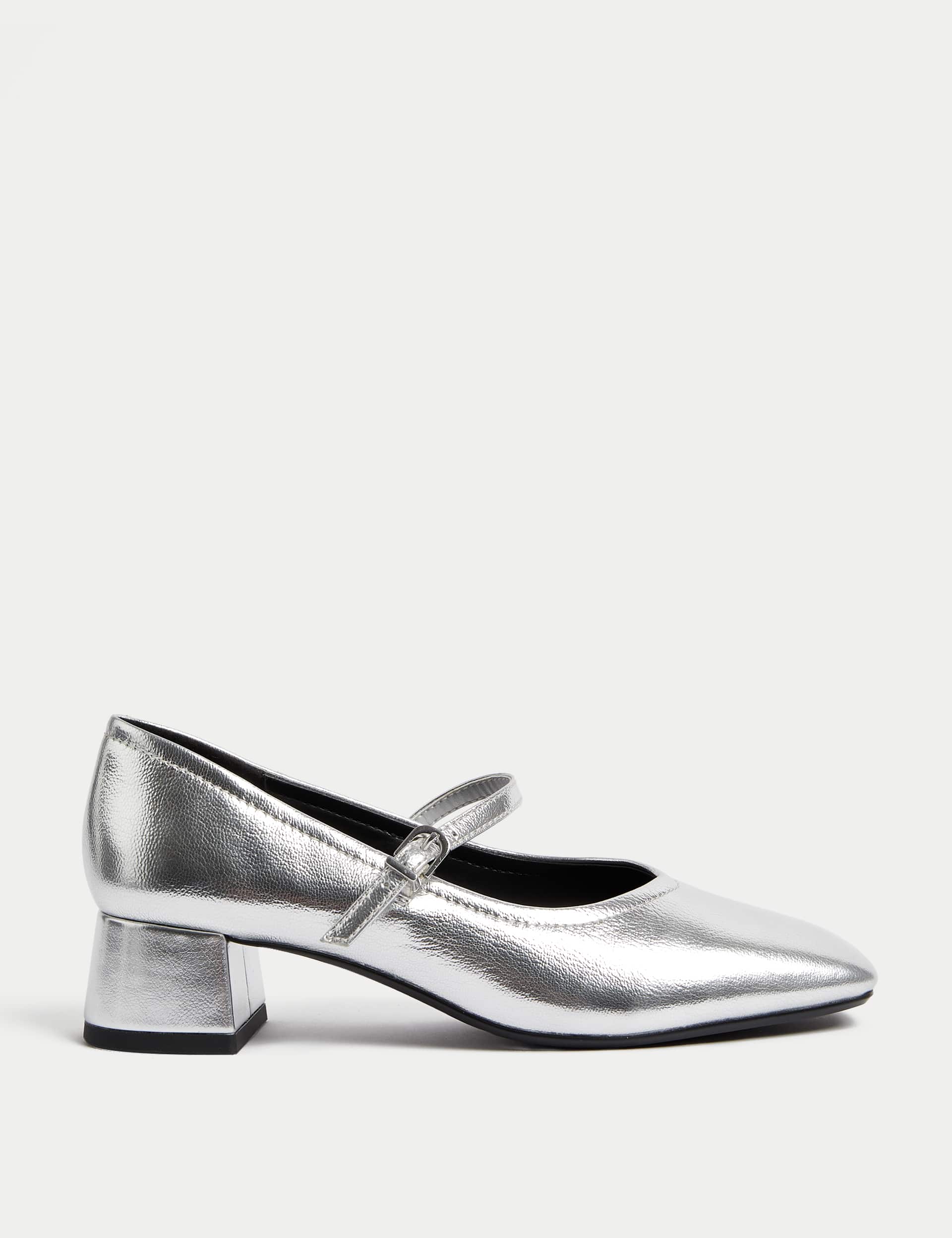 M&S Women's Leather Strappy Block Heel Square Toe Shoes - 6 - Silver, Silver