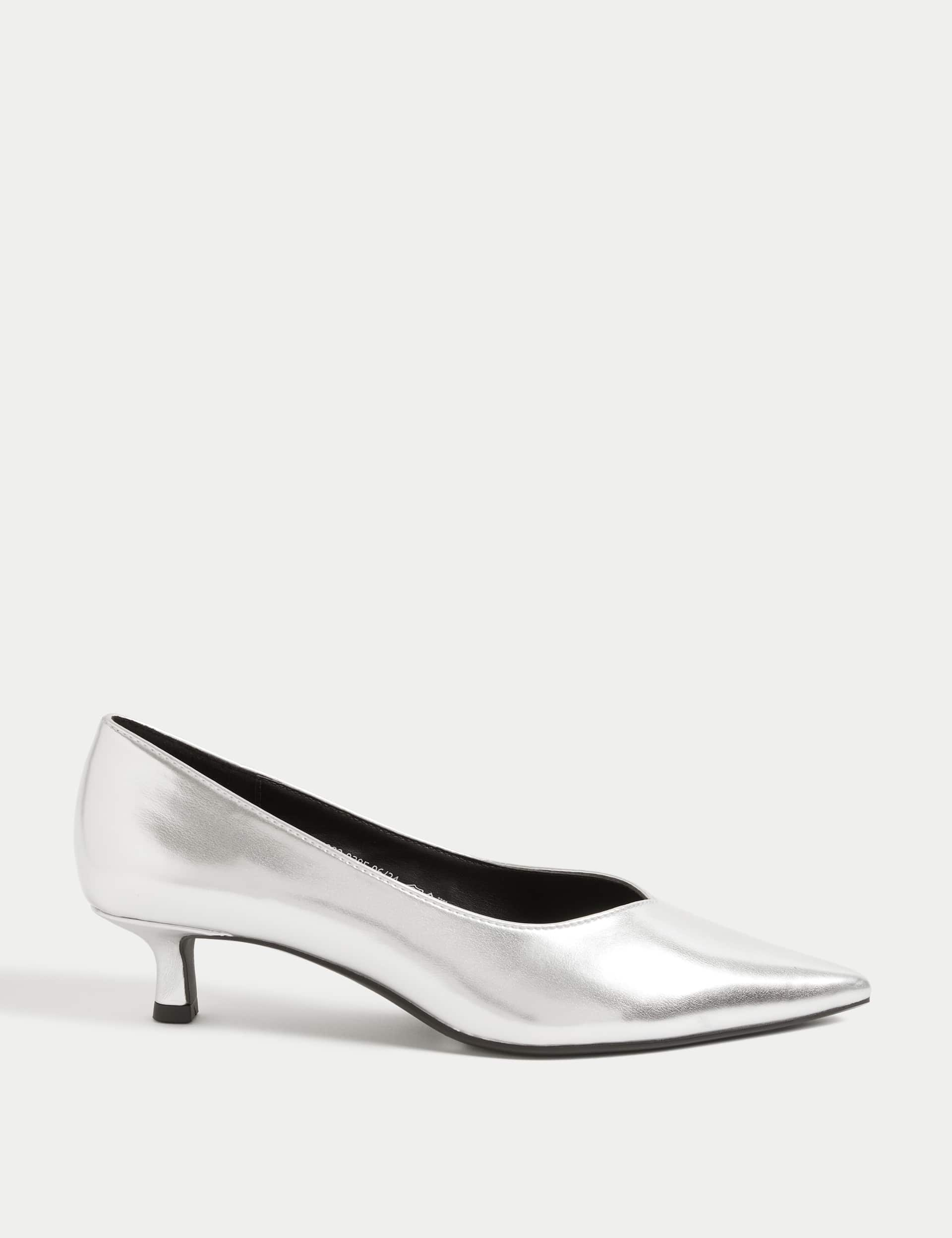 M&S Women's Kitten Heel Pointed Court Shoes - 6 - Silver, Silver,Black