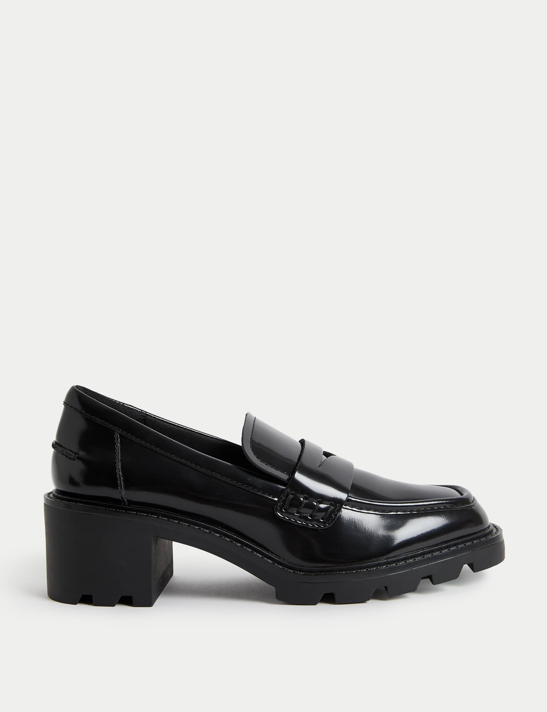 M&S Women's Leather Patent Slip On Block Heel Loafers - 6 - Black, Black