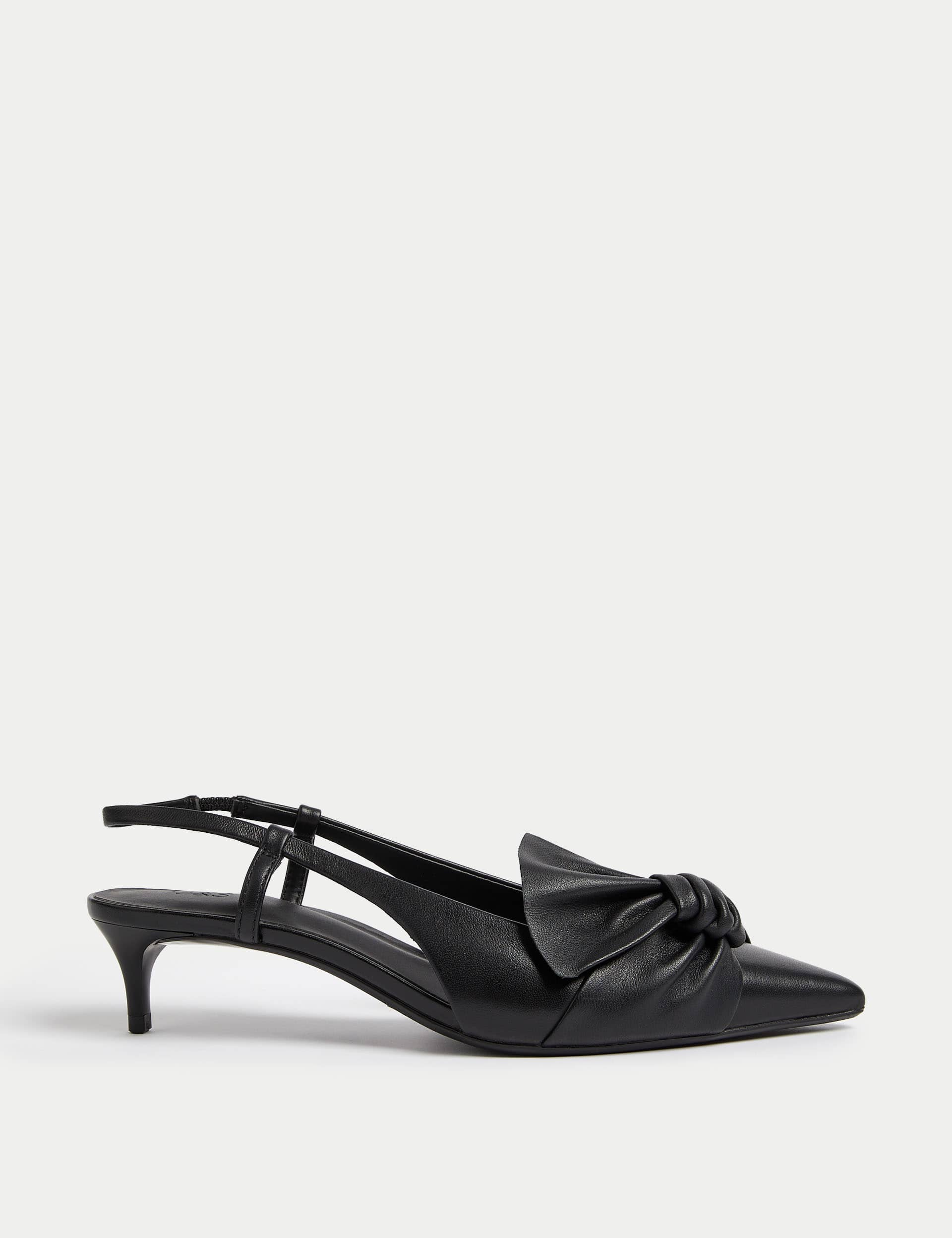 M&S Women's Leather Kitten Heel Slingback Sandals - 6 - Black, Black,Cream