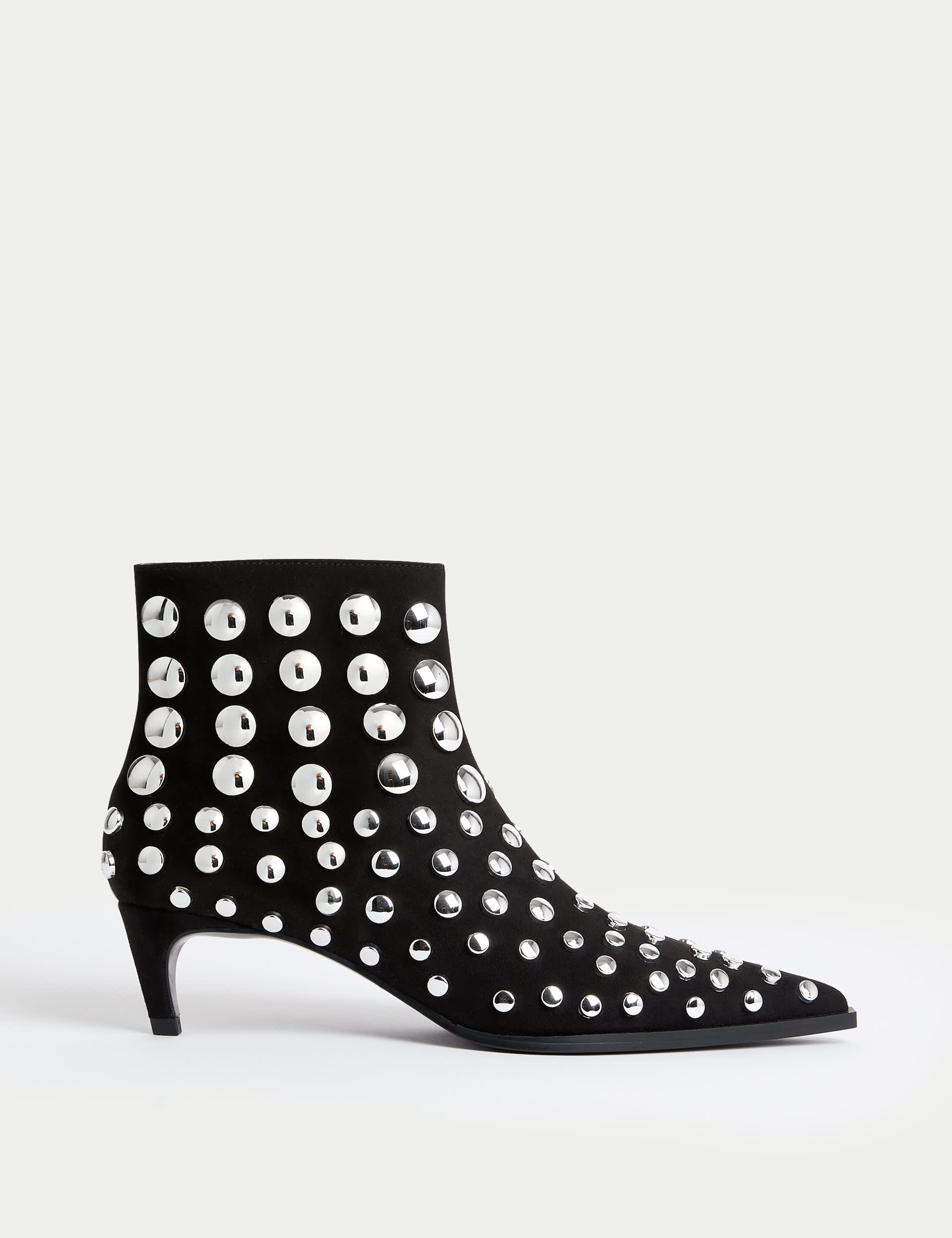 M&S Collection Women's Studded Kitten Heel Pointed Ankle Boots - 4 - Black Mix, Black Mix