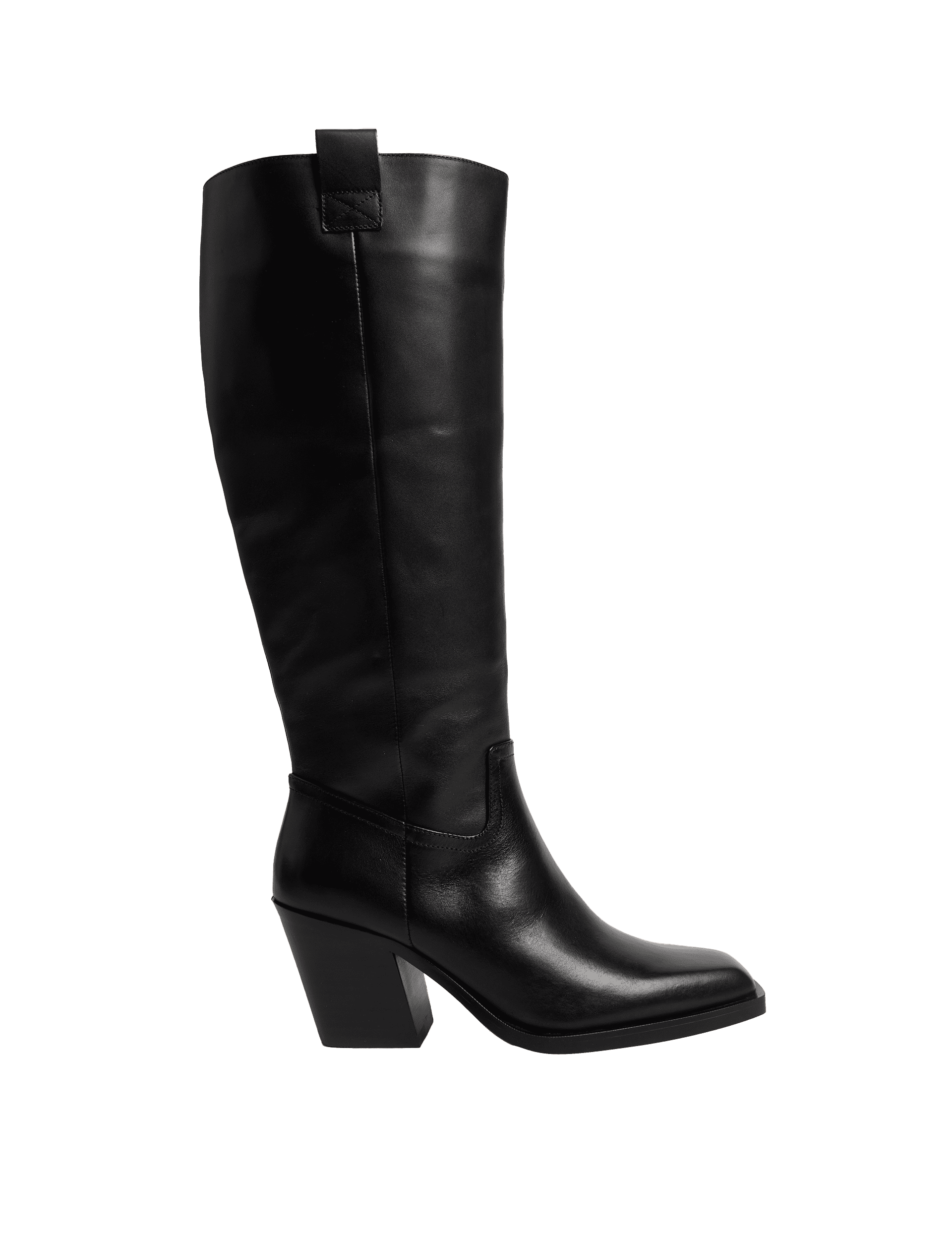 M&S Collection Women's Leather Cowboy Block Heel Knee High Boots - 7 - Black, Black