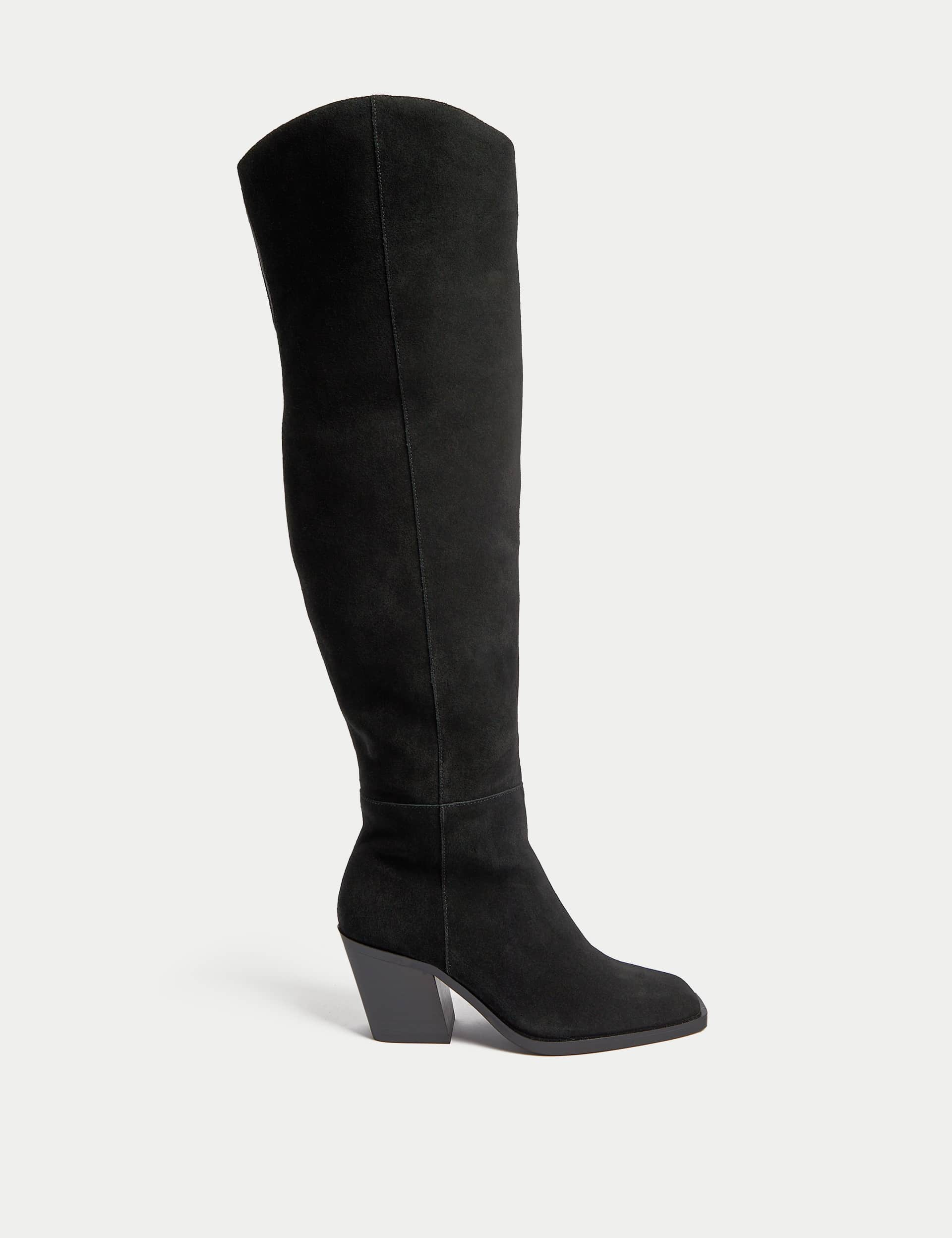 M&S Women's Suede Cowboy Block Heel Over the Knee Boots - 6 - Black, Black