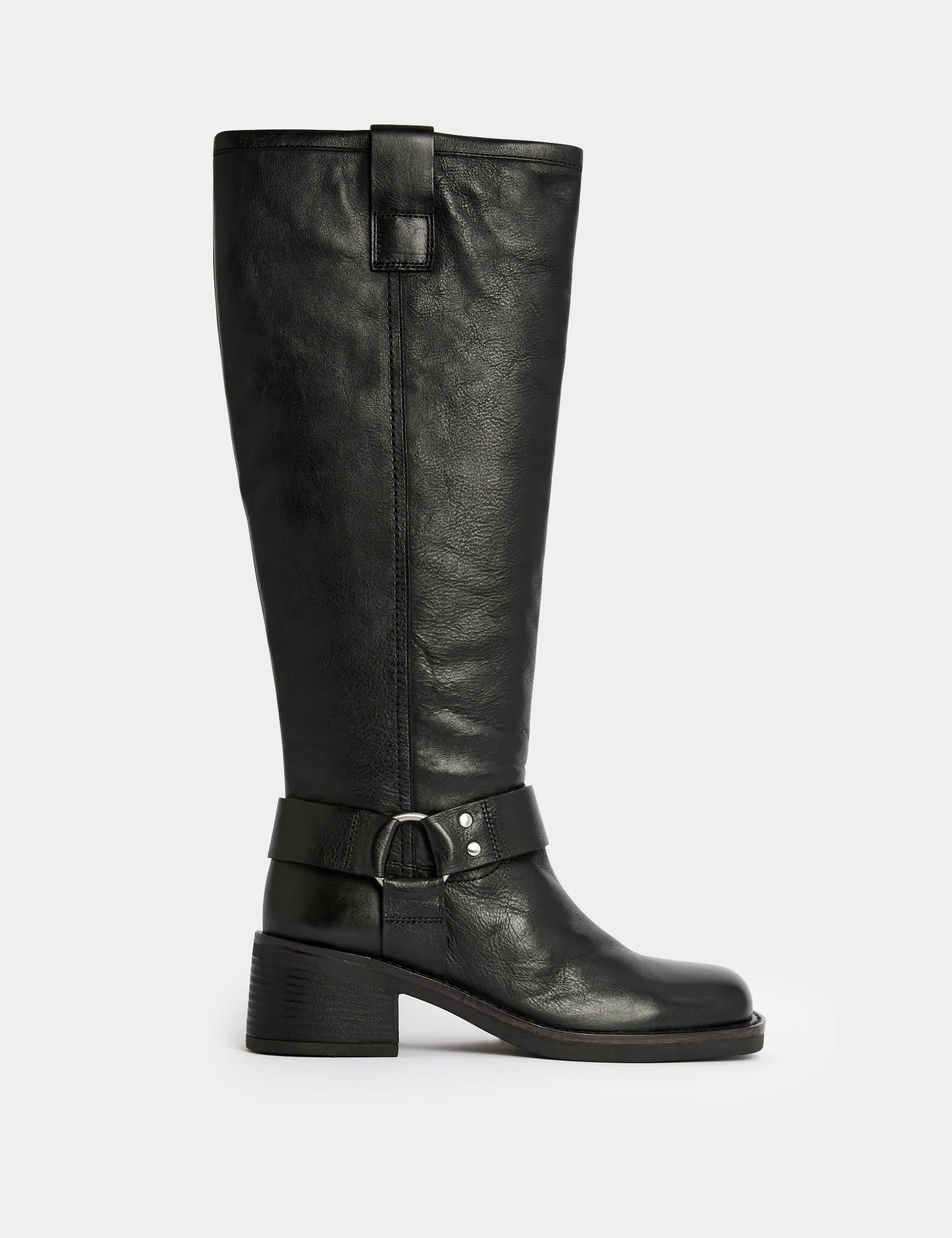 M&S Women's Leather Biker Knee High Boots - 6 - Black, Black