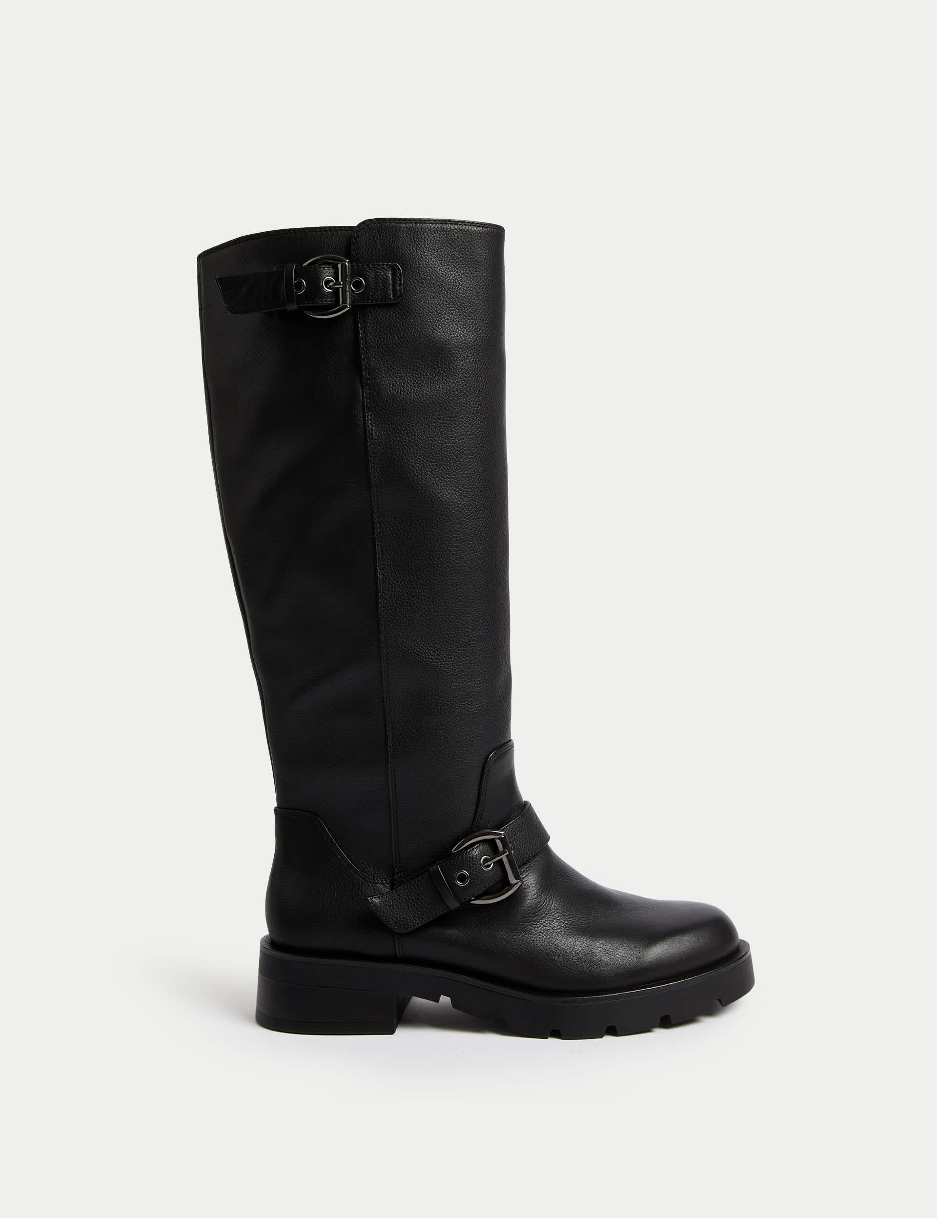M&S Women's Wide Fit Leather Biker Knee High Boots