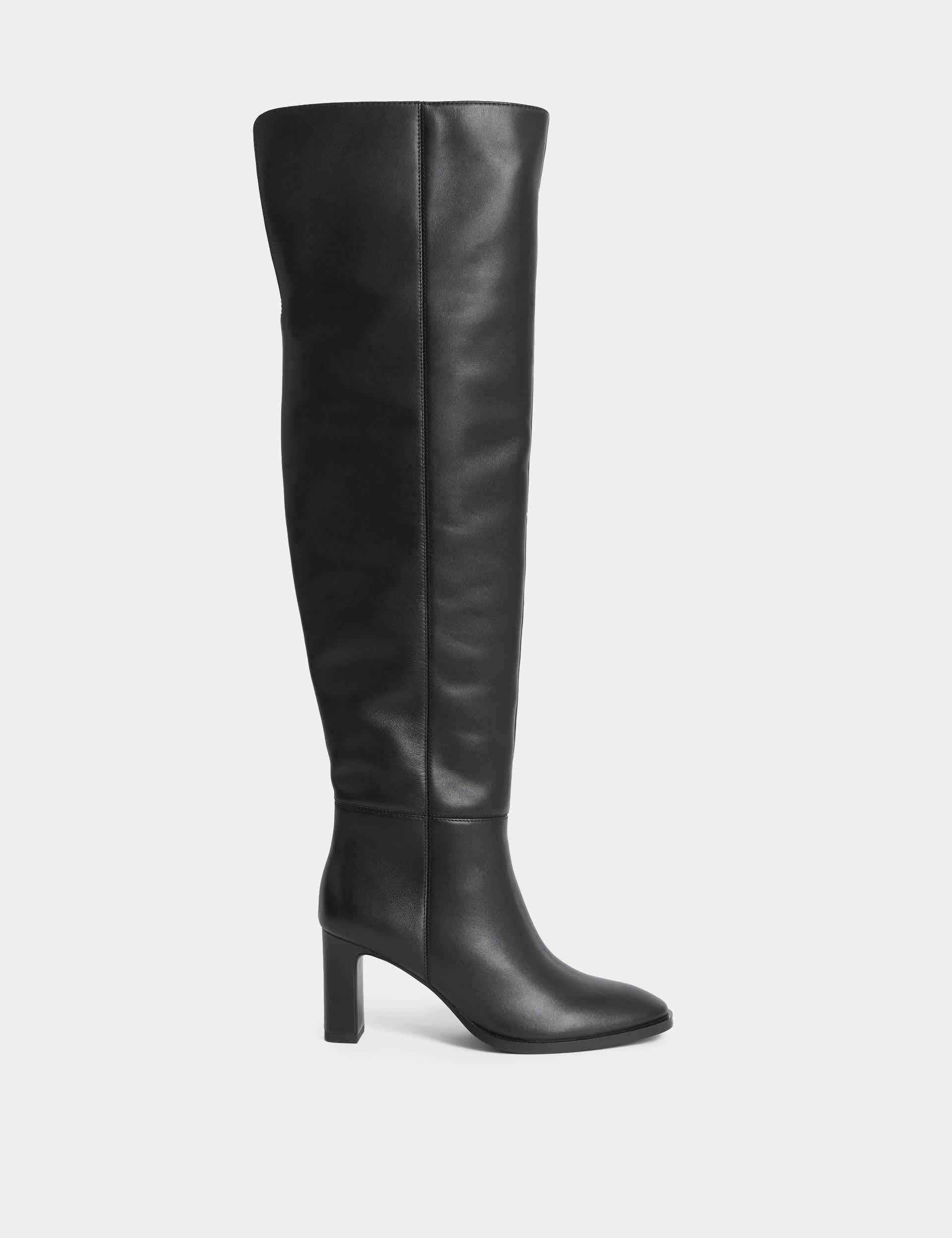 M&S Women's Leather Block Heel Over the Knee Boots - 6 - Black, Black