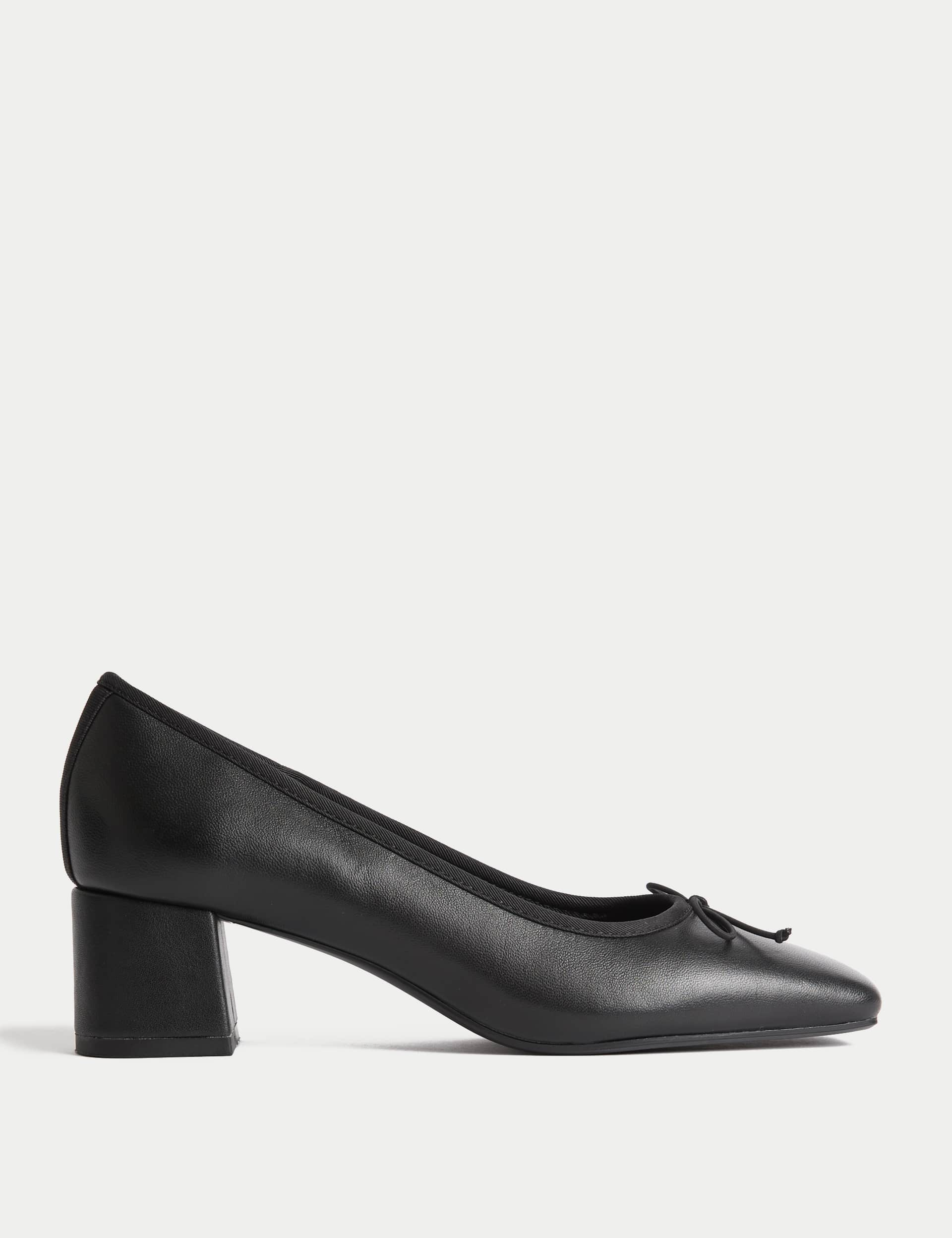 M&S Collection Women's Leather Block Heel Court Shoes - 6 - Black, Black