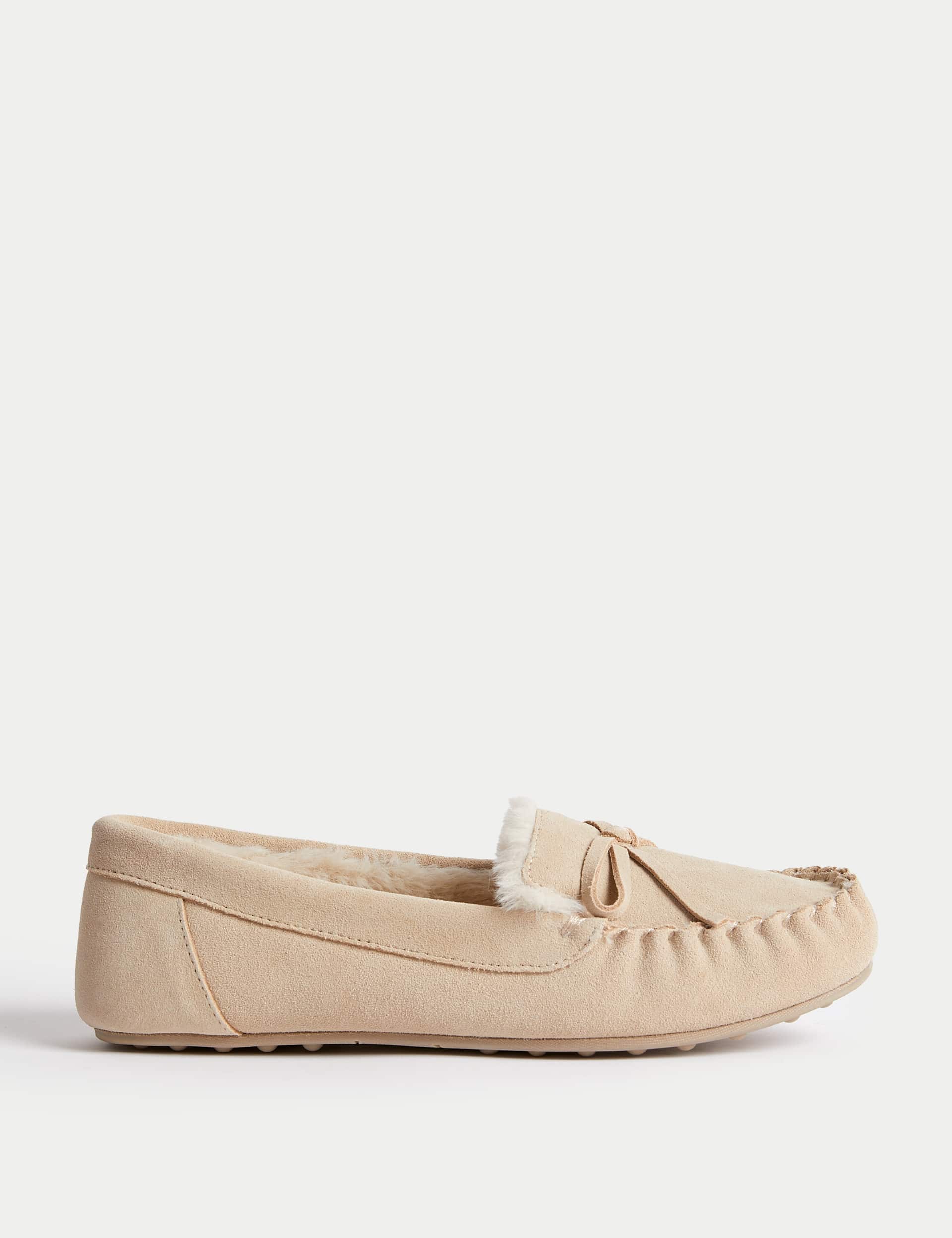 M&S Women's Suede Bow Faux Fur Lined Moccasin Slippers