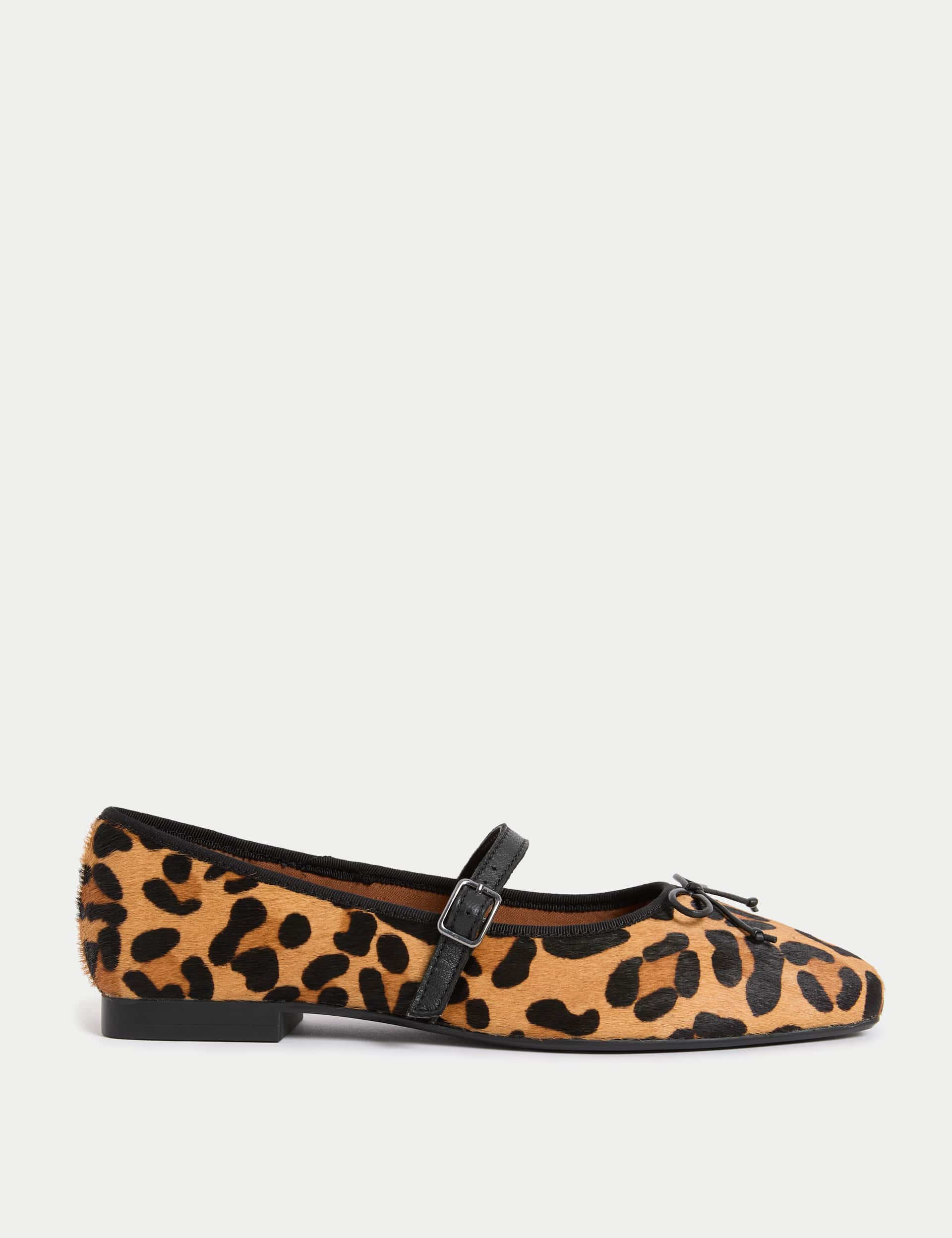 M&S Collection Women's Leather Leopard Print Chisel Toe Ballet Pumps - 5 - Brown Mix, Brown Mix