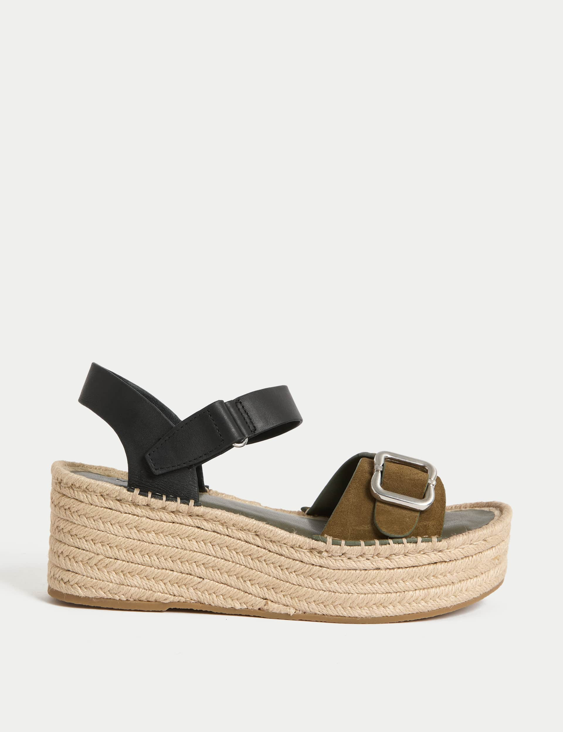 M&S Collection Women's Leather Buckle Flatform Espadrilles - 6 - Black Mix, Black Mix,Tan