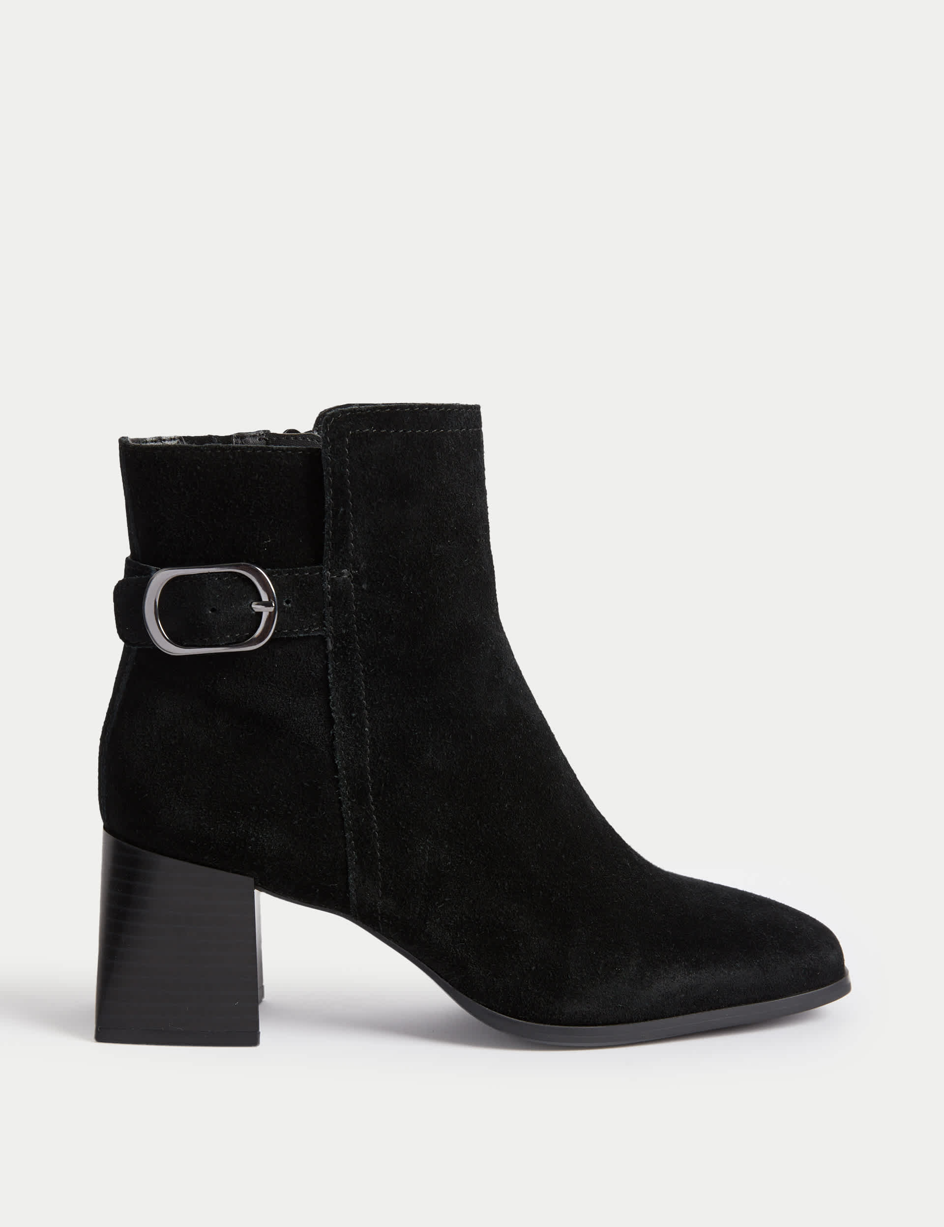 M&S Women's Wide Fit Suede Buckle Block Heel Ankle Boots - 6 - Black, Black