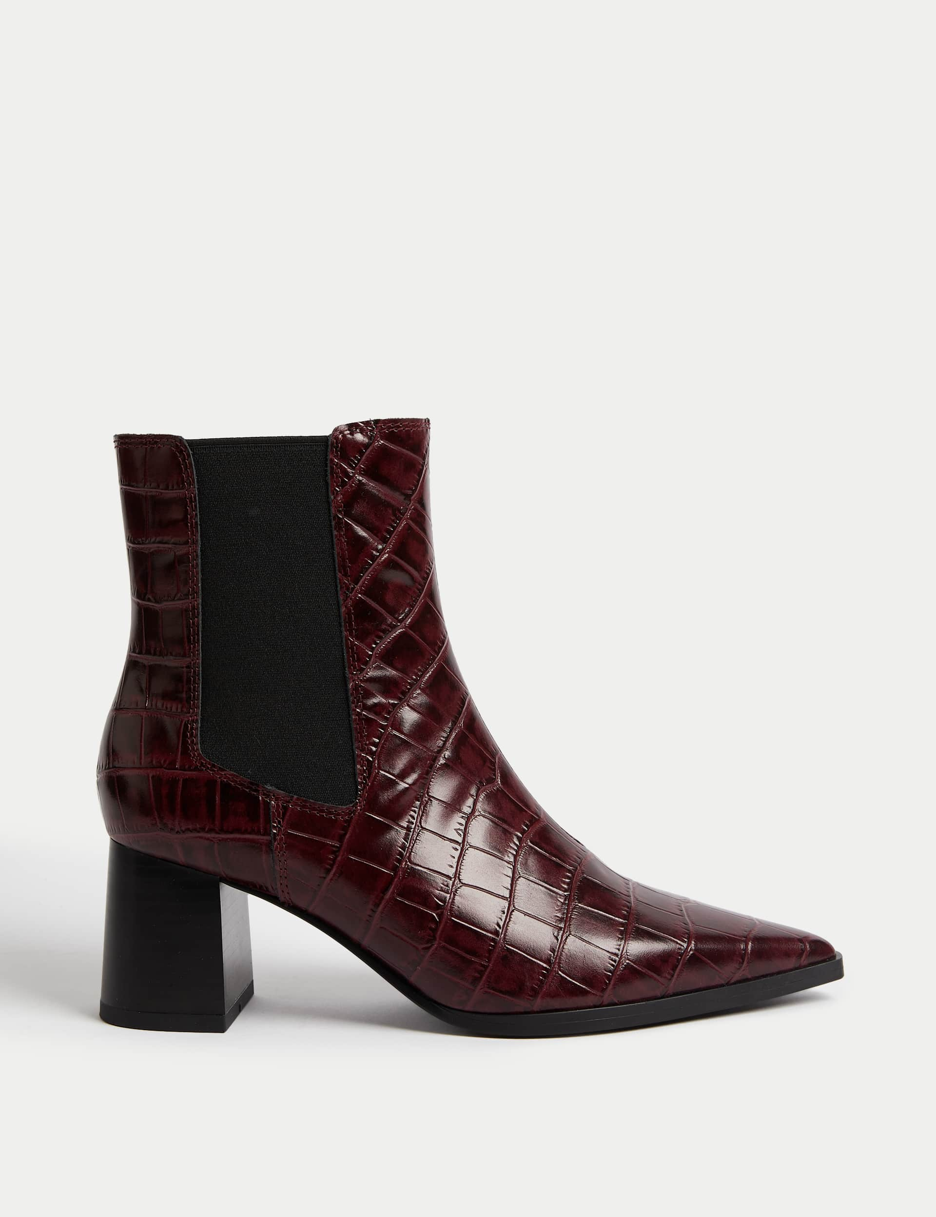 M&S Women's Leather Chelsea Croc Block Heel Boots - 5 - Burgundy, Burgundy