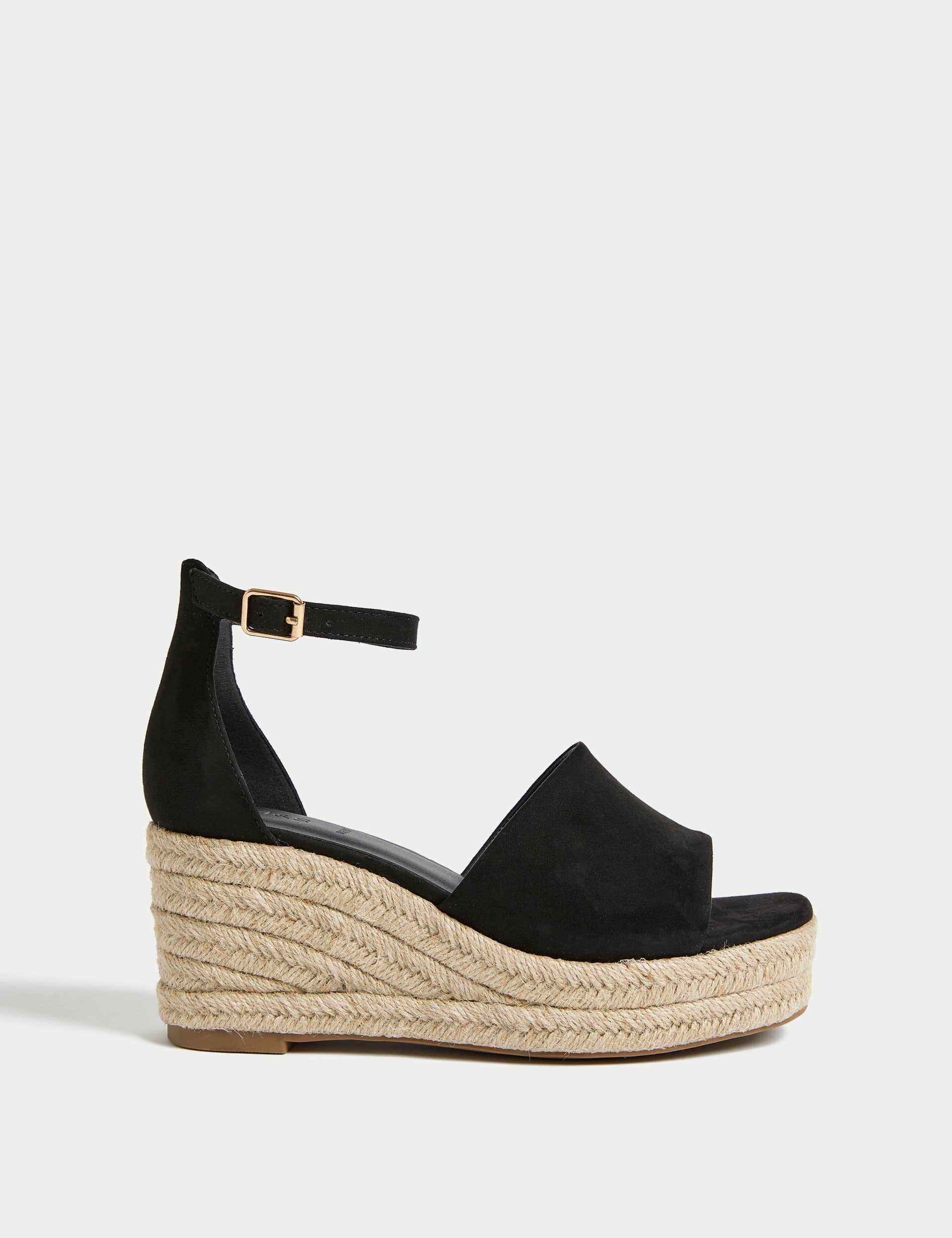 M&S Women's Wide Fit Ankle Strap Wedge Espadrilles - 5.5 - Black, Black