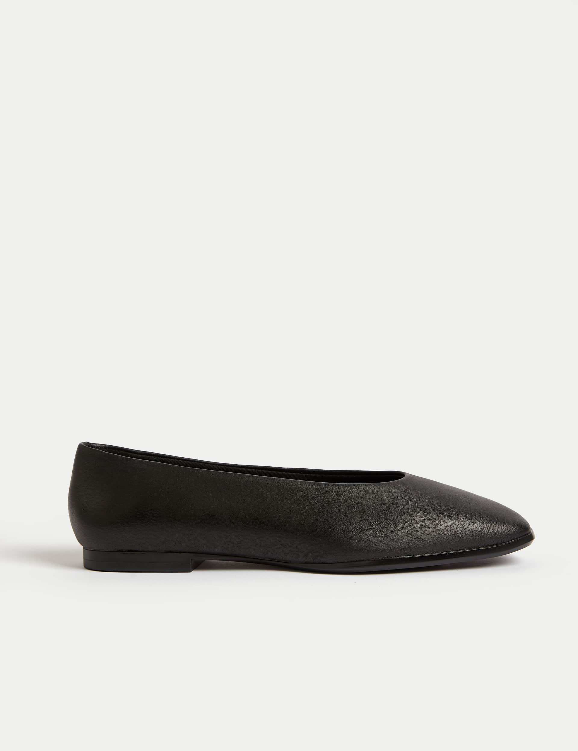 M&S Women's Leather Square Toe Ballet Pumps - 6 - Black, Black