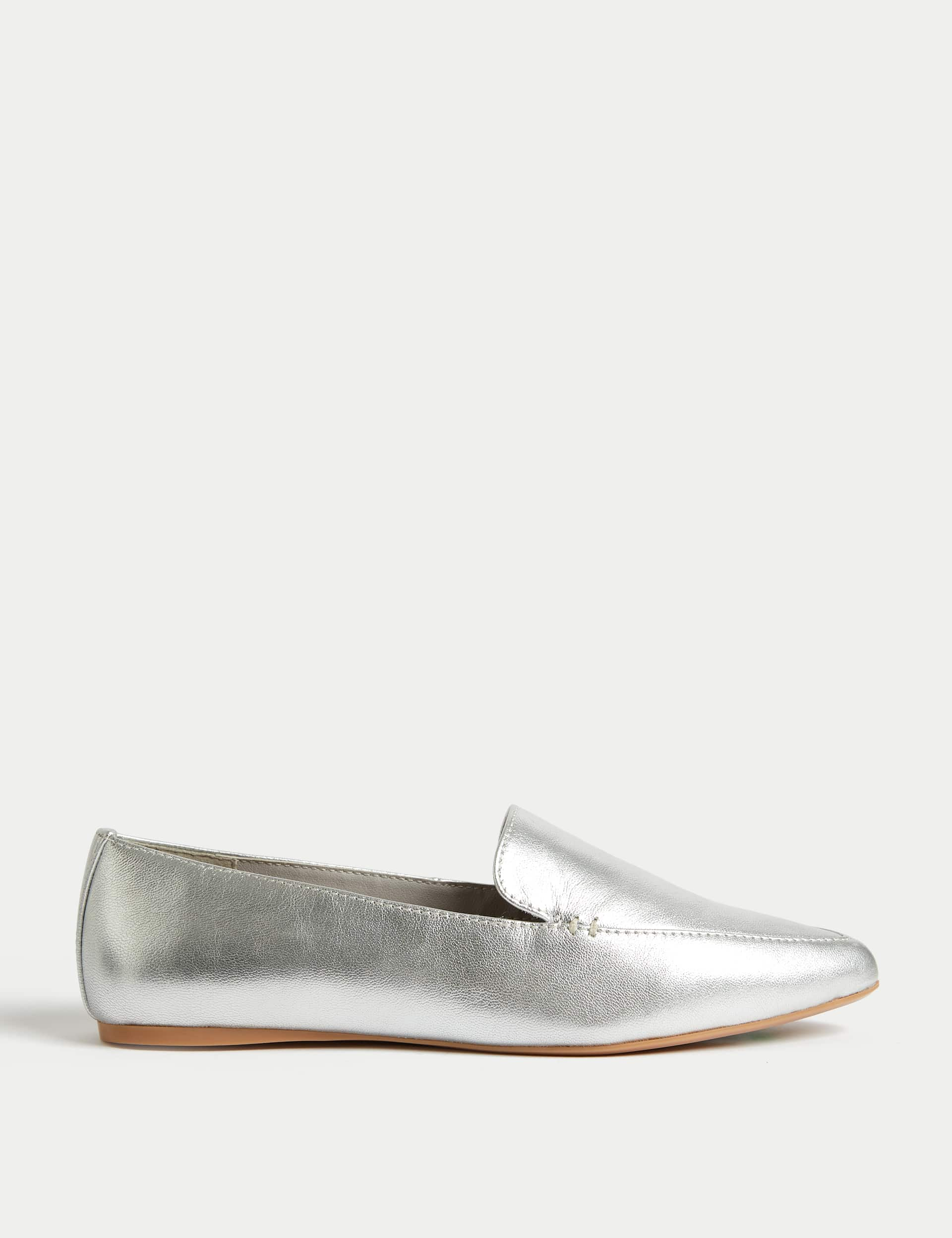 M&S Women's Wide Fit Leather Pointed Ballet Pumps - 5 - Silver, Silver