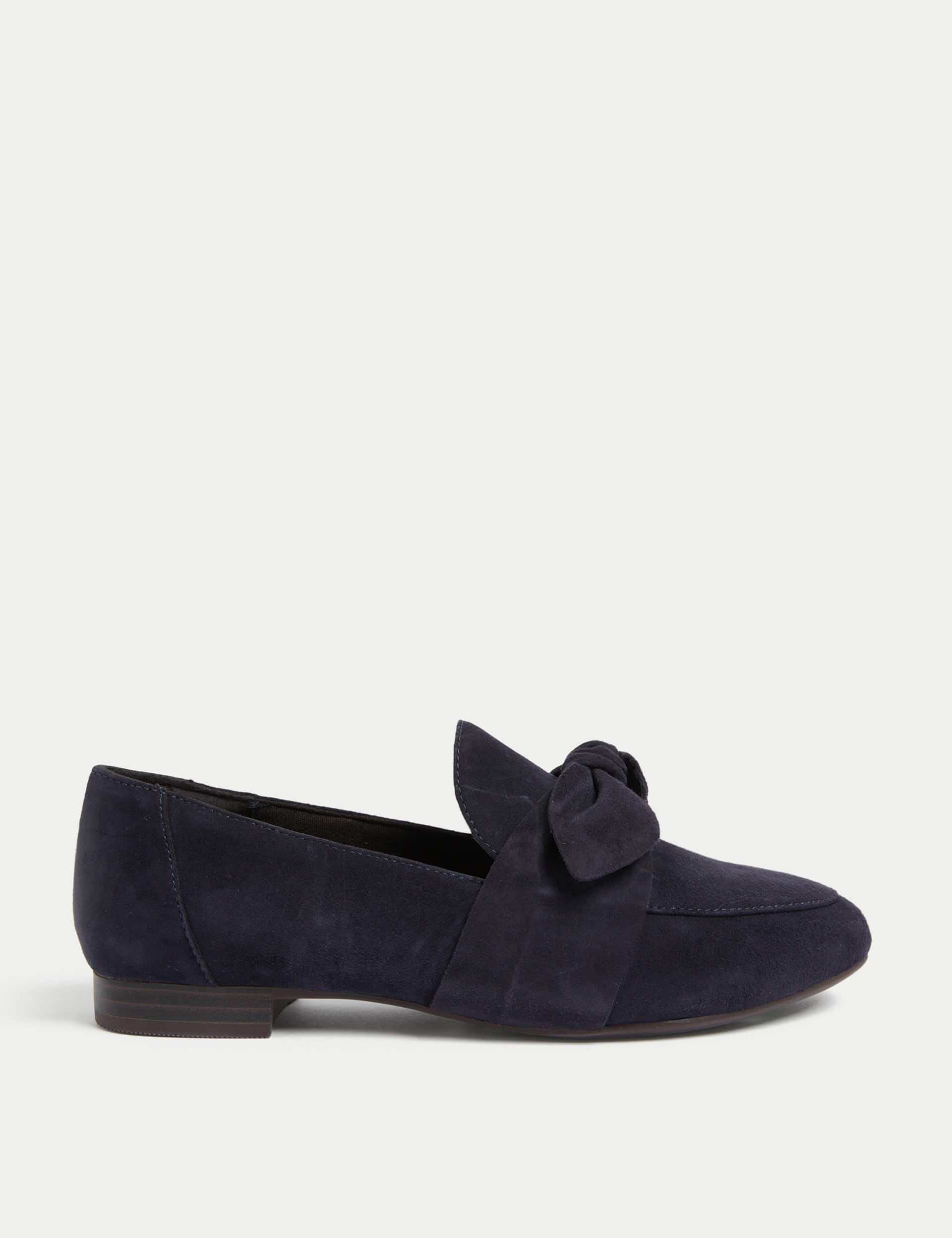 M&S Women's Wide Fit Suede Bow Flat Loafers - 6 - Navy, Navy,Black