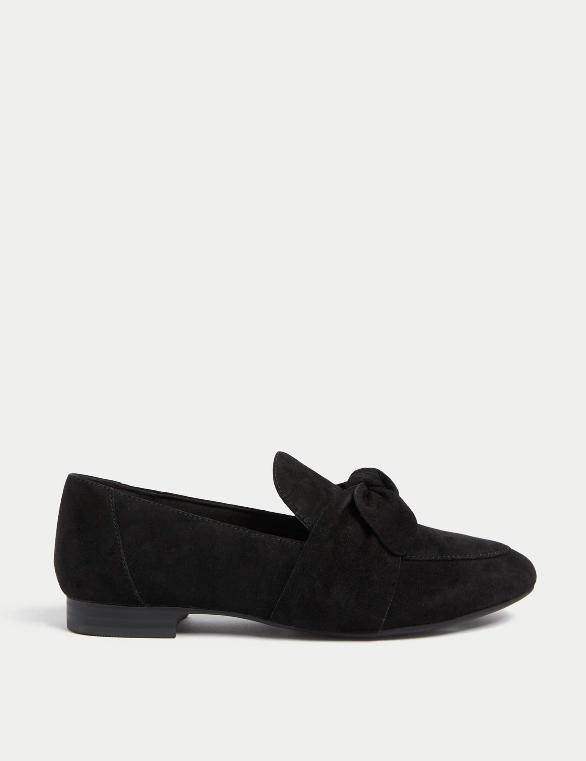 M&S Women's Wide Fit Suede Bow Flat Loafers - 5 - Black, Navy,Black