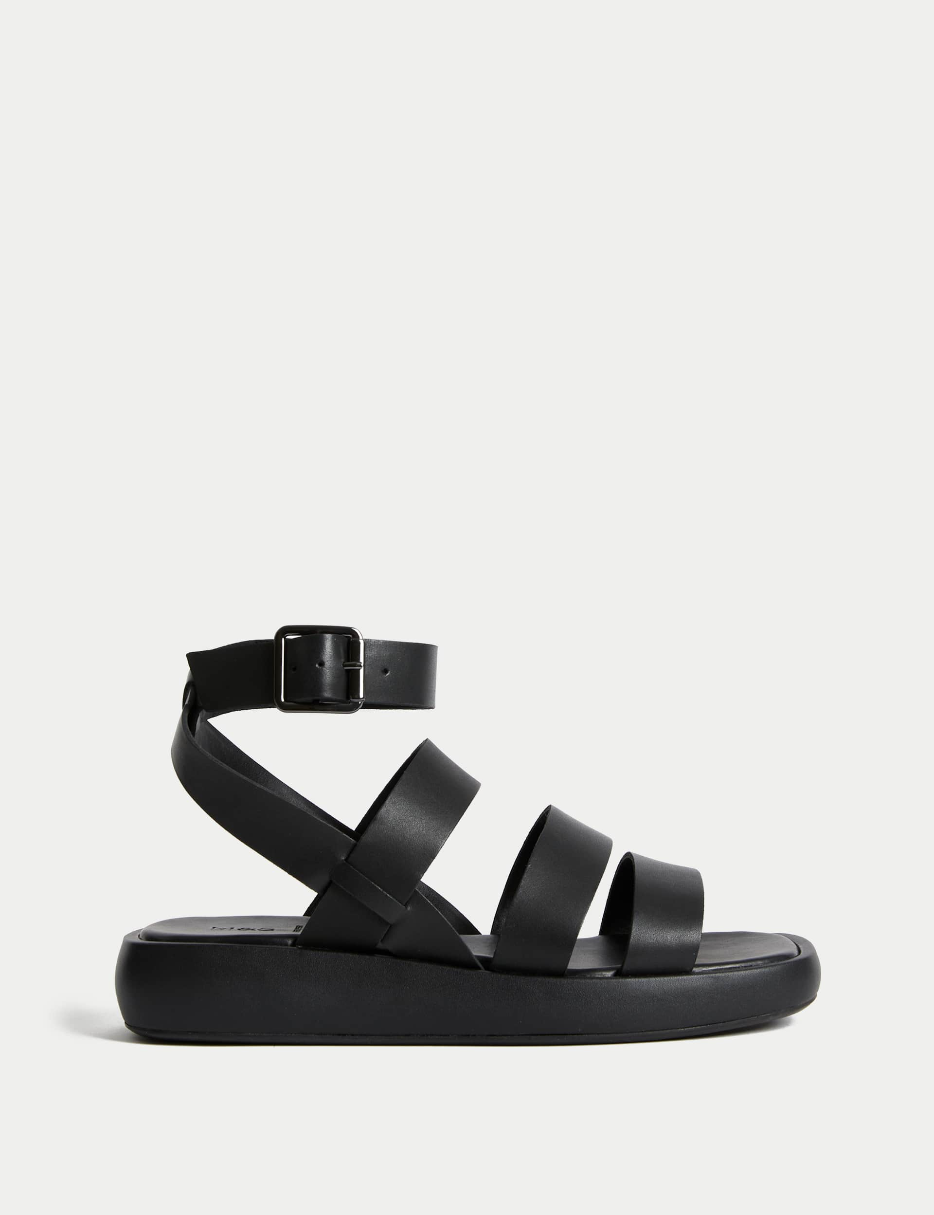 M&S Women's Leather Ankle Strap Flatform Sandals - 6 - Black, Black