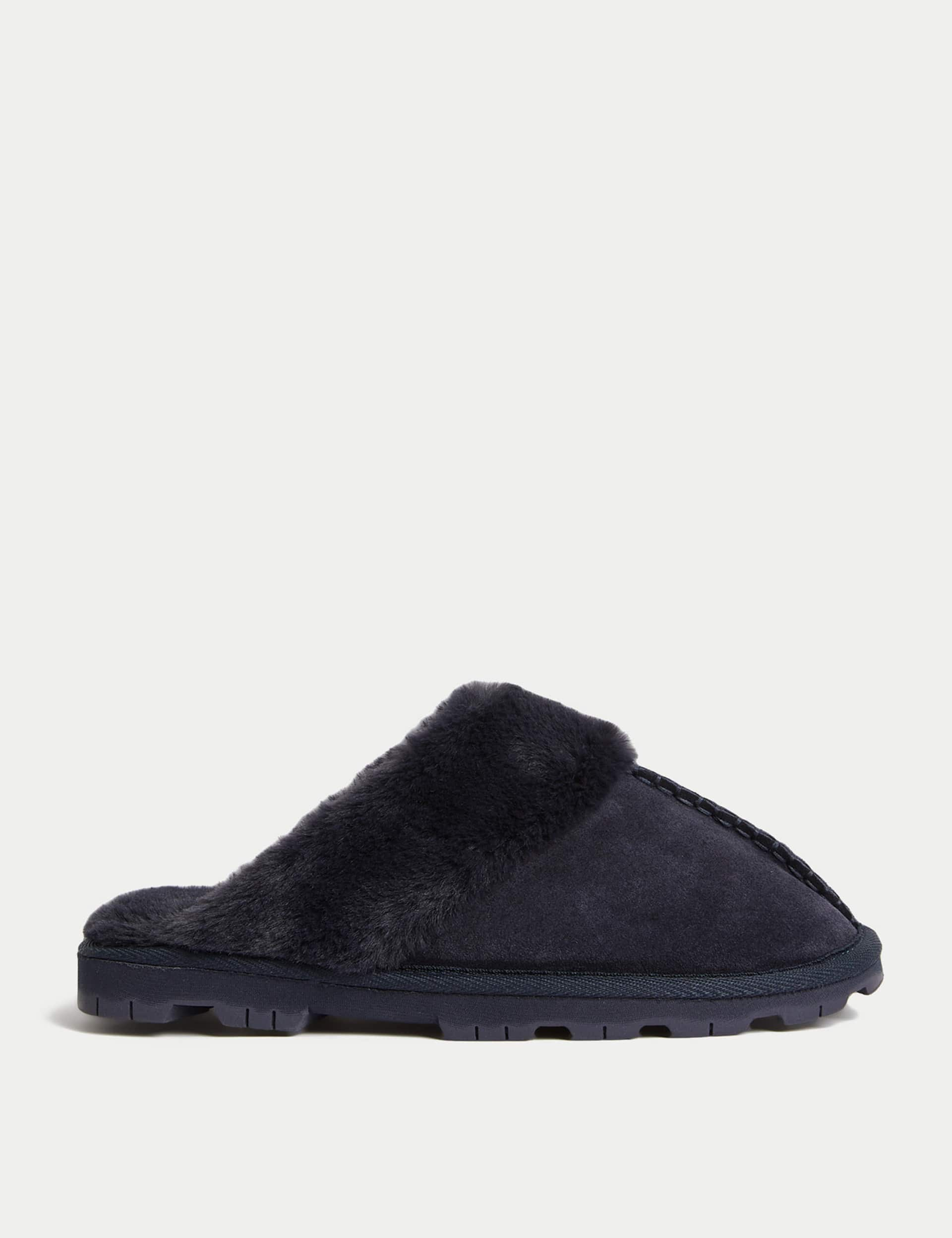 M&S Women's Suede Faux Fur Lined Mule Slippers - 8 - Midnight Navy, Stone,Midnight Navy,Dark Tan,Dus