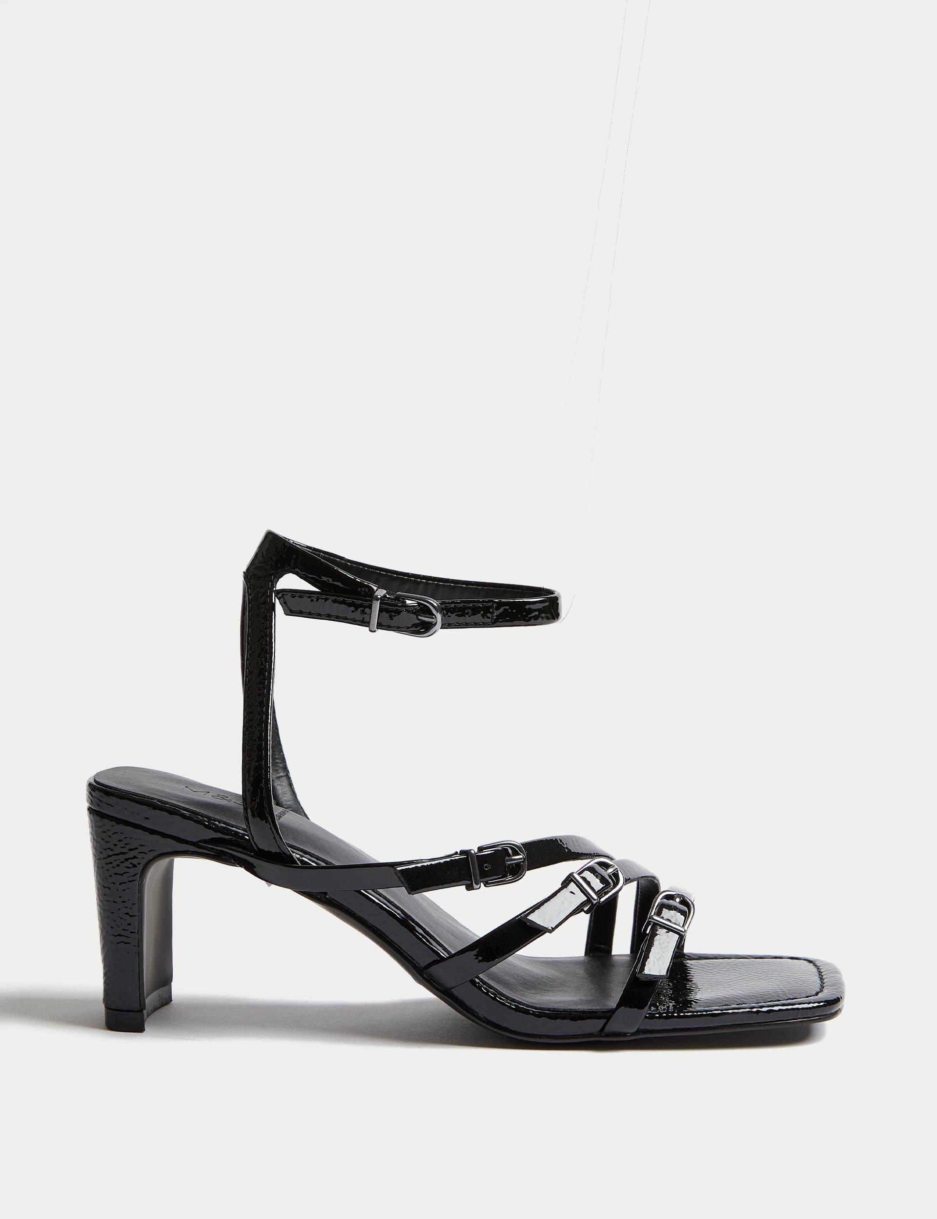 M&S Women's Leather Buckle Strappy Block Heel Sandals - 6 - Black, Ivory,Black