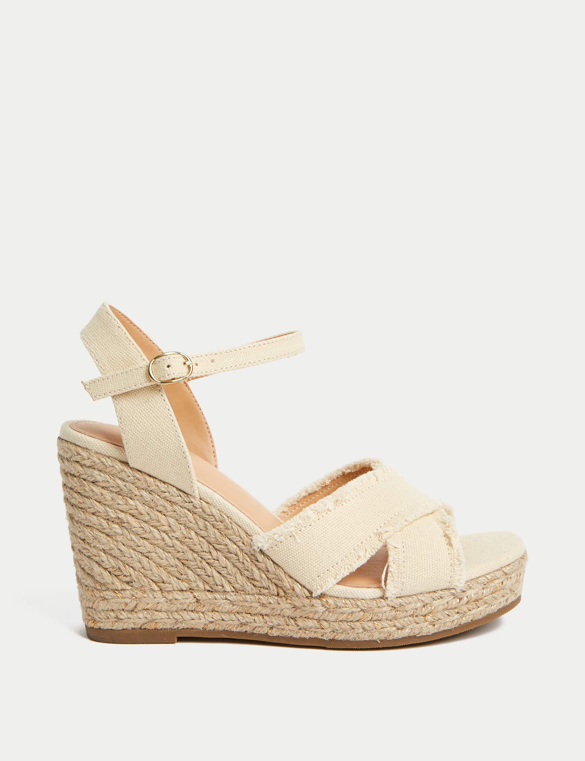 M&S Women's Canvas Buckle Wedge Espadrilles - 8 - Cream, Black/Black,Cream