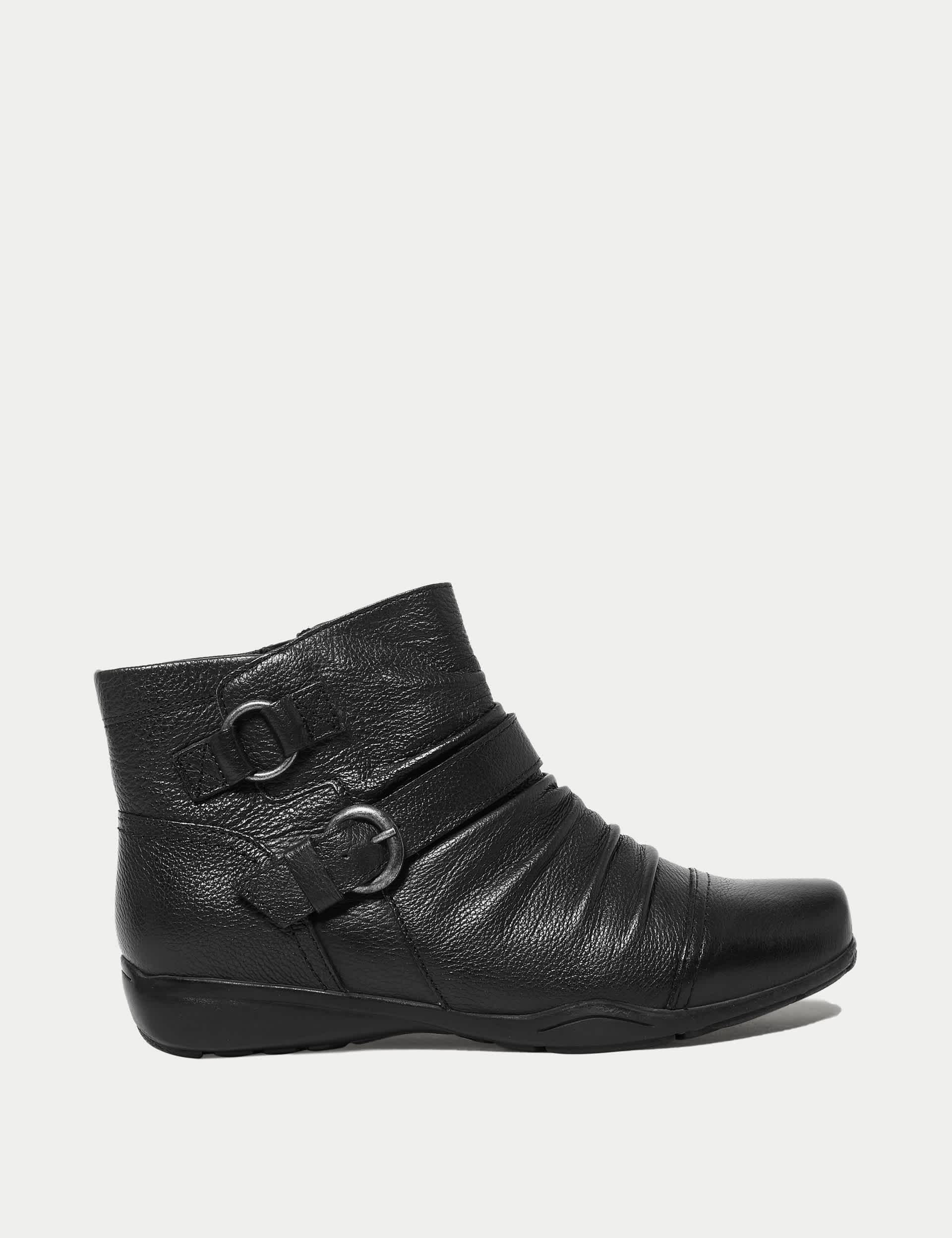 M&S Women's Wide Fit Leather Buckle Ruched Ankle Boots