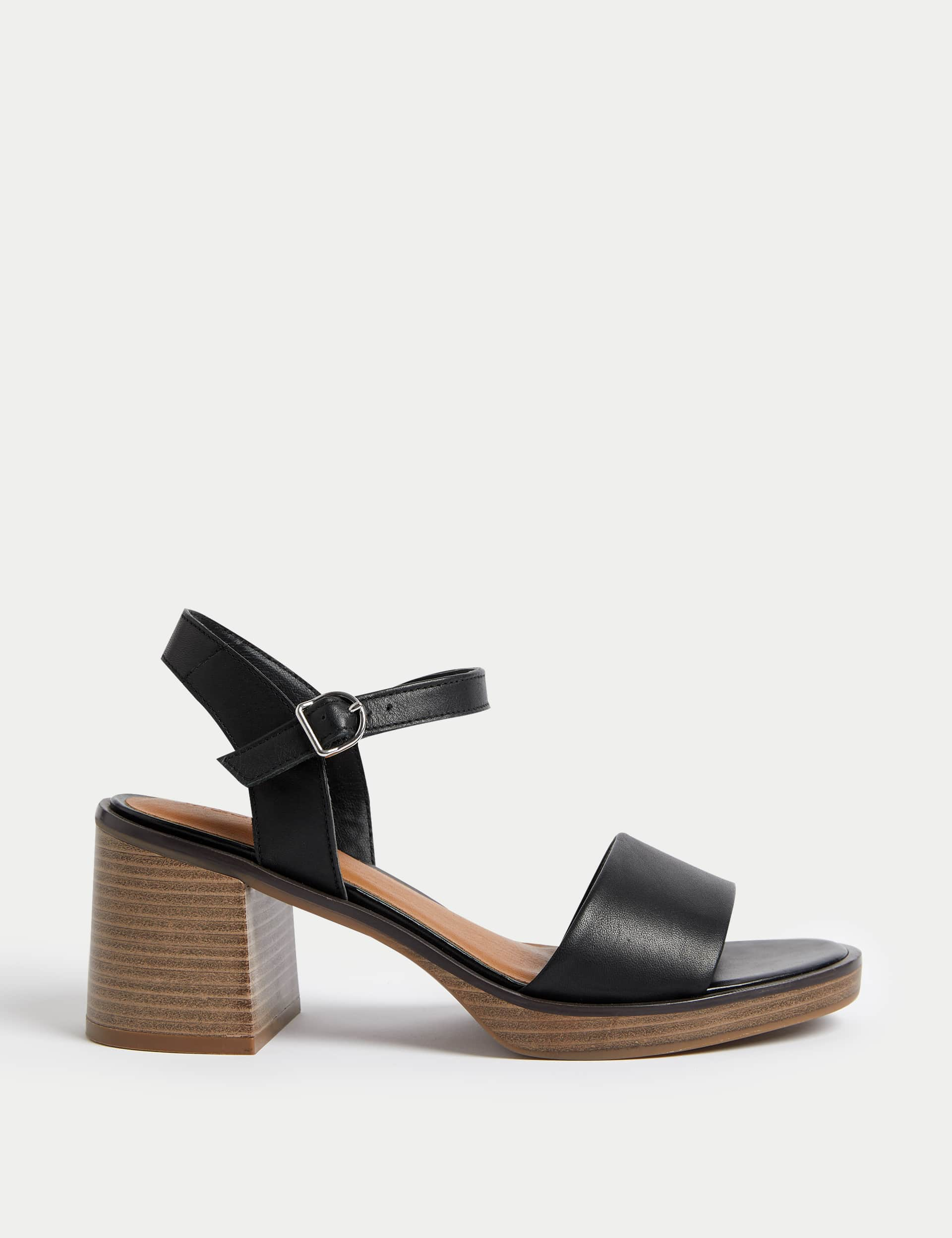 M&S Women's Leather Ankle Strap Block Heel Sandals - 3 - Black, Black