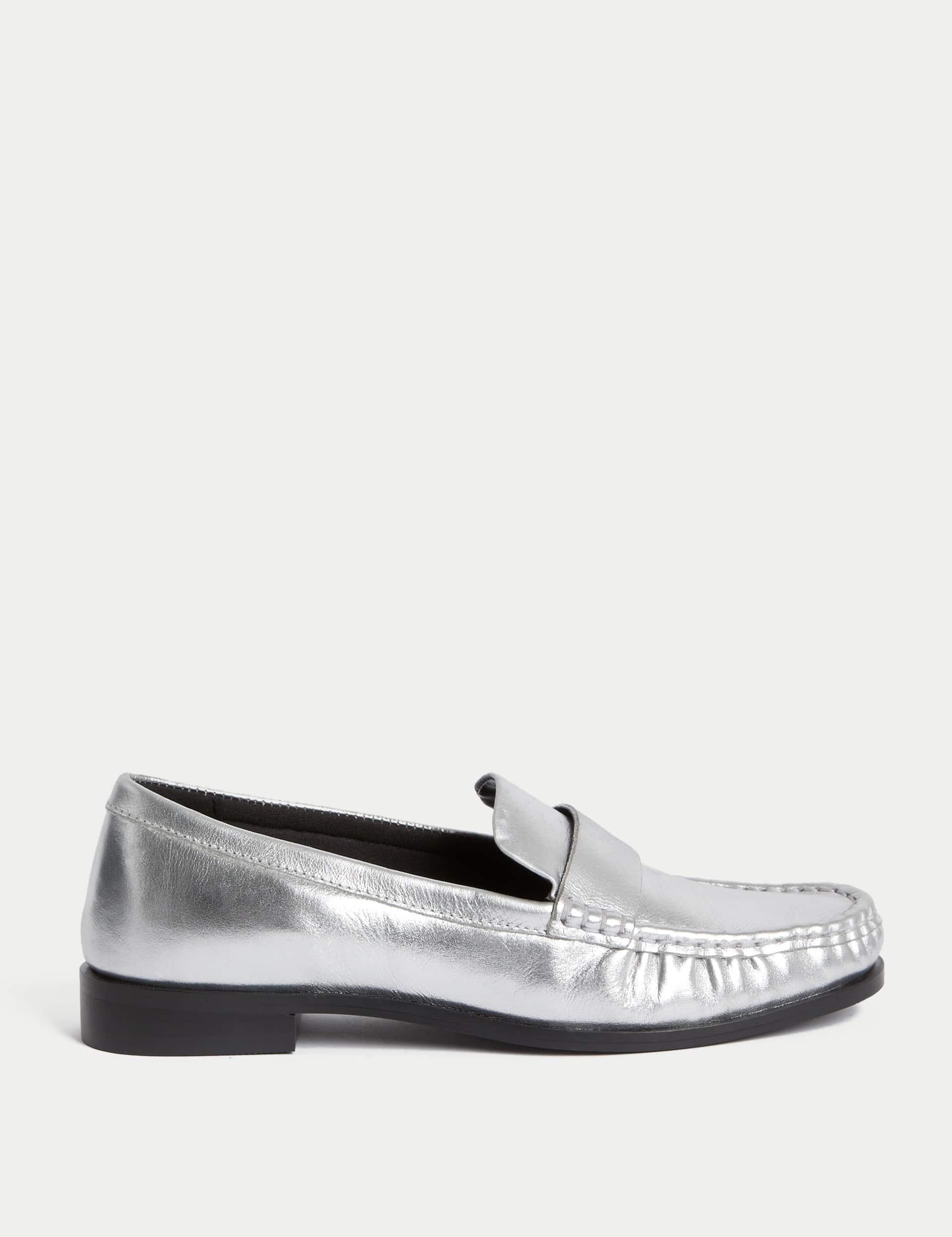 M&S Women's Leather Metallic Flatform Loafers - 6 - Silver, Silver