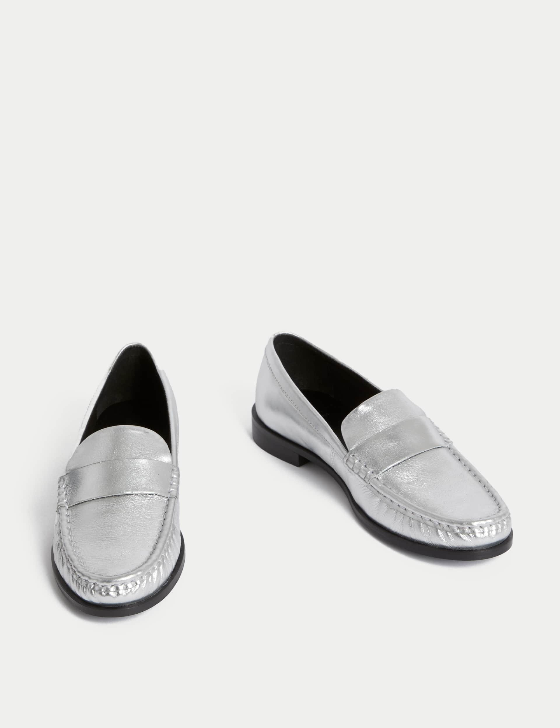 M&S Collection Women's Leather Metallic Flatform Loafers - 6 - Silver, Silver