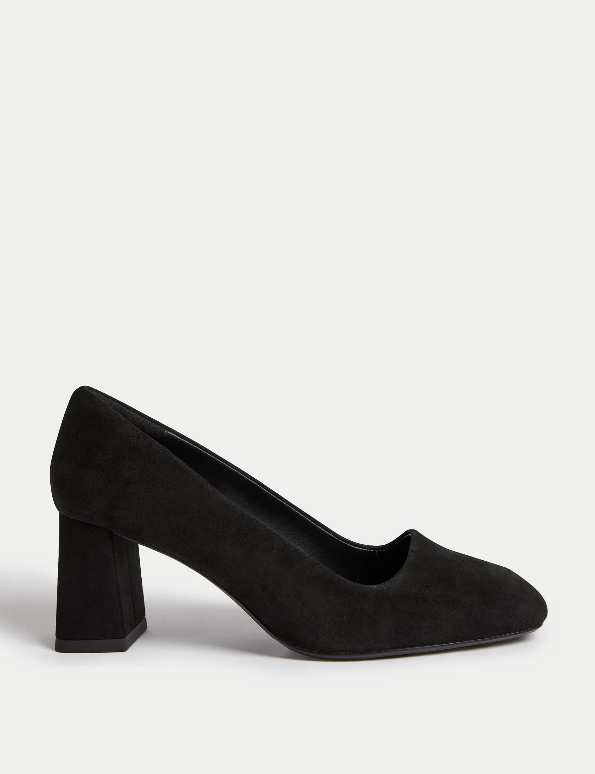 M&S Women's Wide Fit Leather Block Heel Court Shoes - 7 - Black, Black