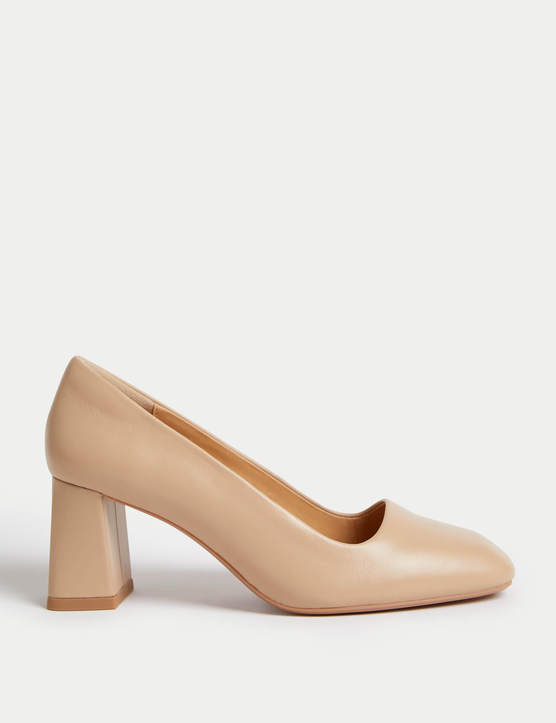 M&S Women's Wide Fit Leather Block Heel Court Shoes - 5 - Opaline, Opaline