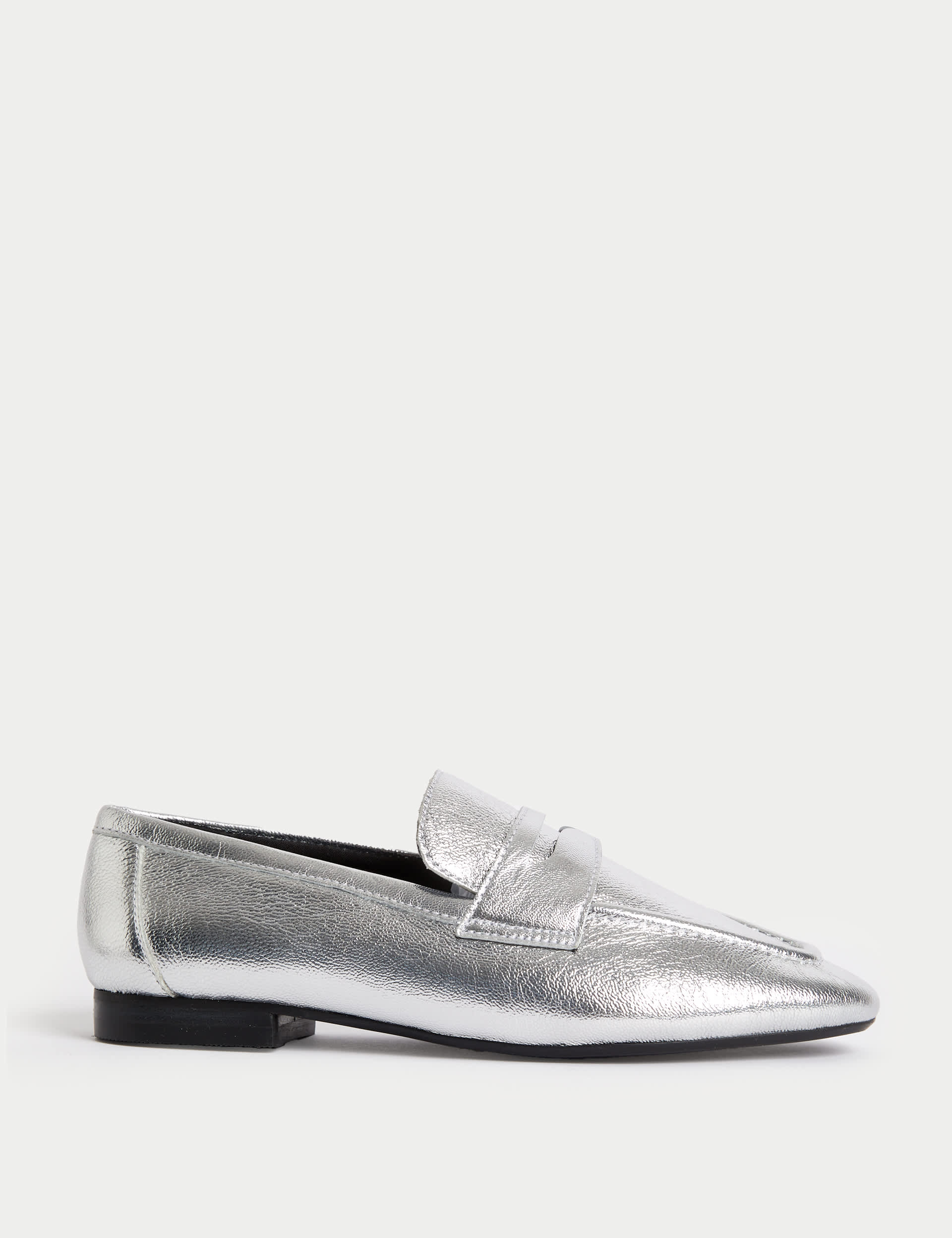 M&S Collection Women's Wide Fit Leather Slip On Flat Loafers - 6.5 - Silver, Black,Silver