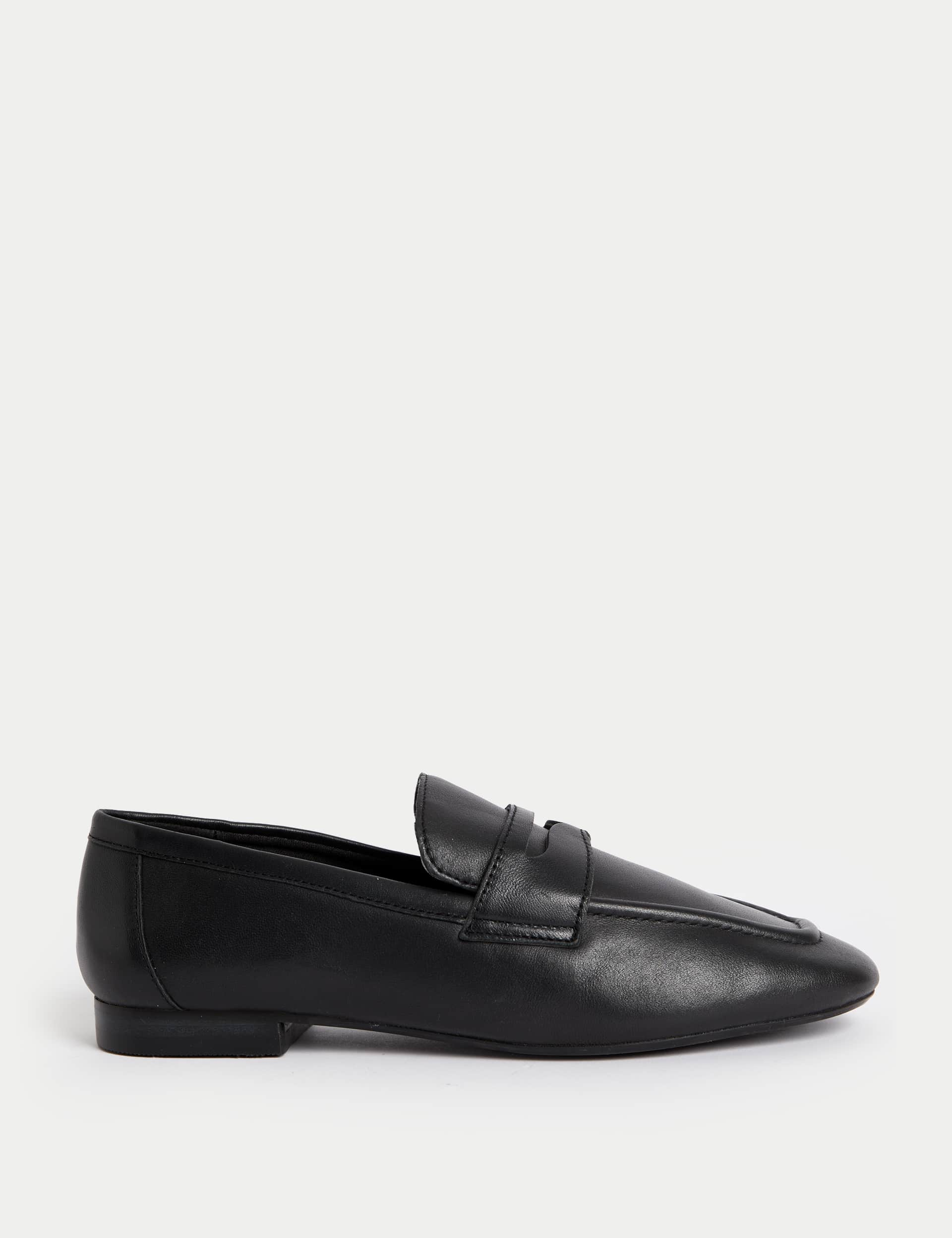 M&S Women's Wide Fit Leather Slip On Flat Loafers - 6 - Black, Black,Silver