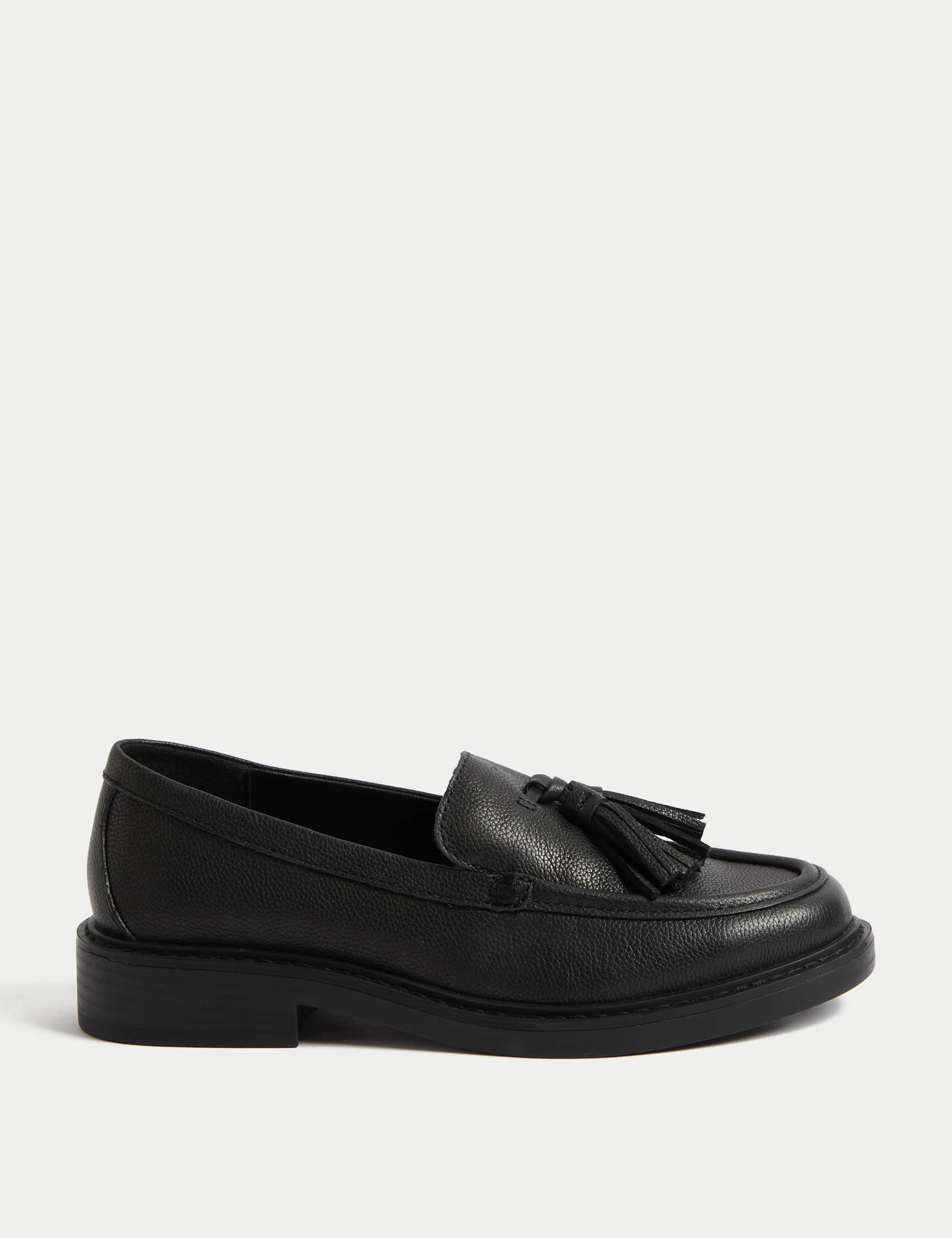 M&S Women's Leather Chunky Tassel Flat Loafers - 6 - Black, Black