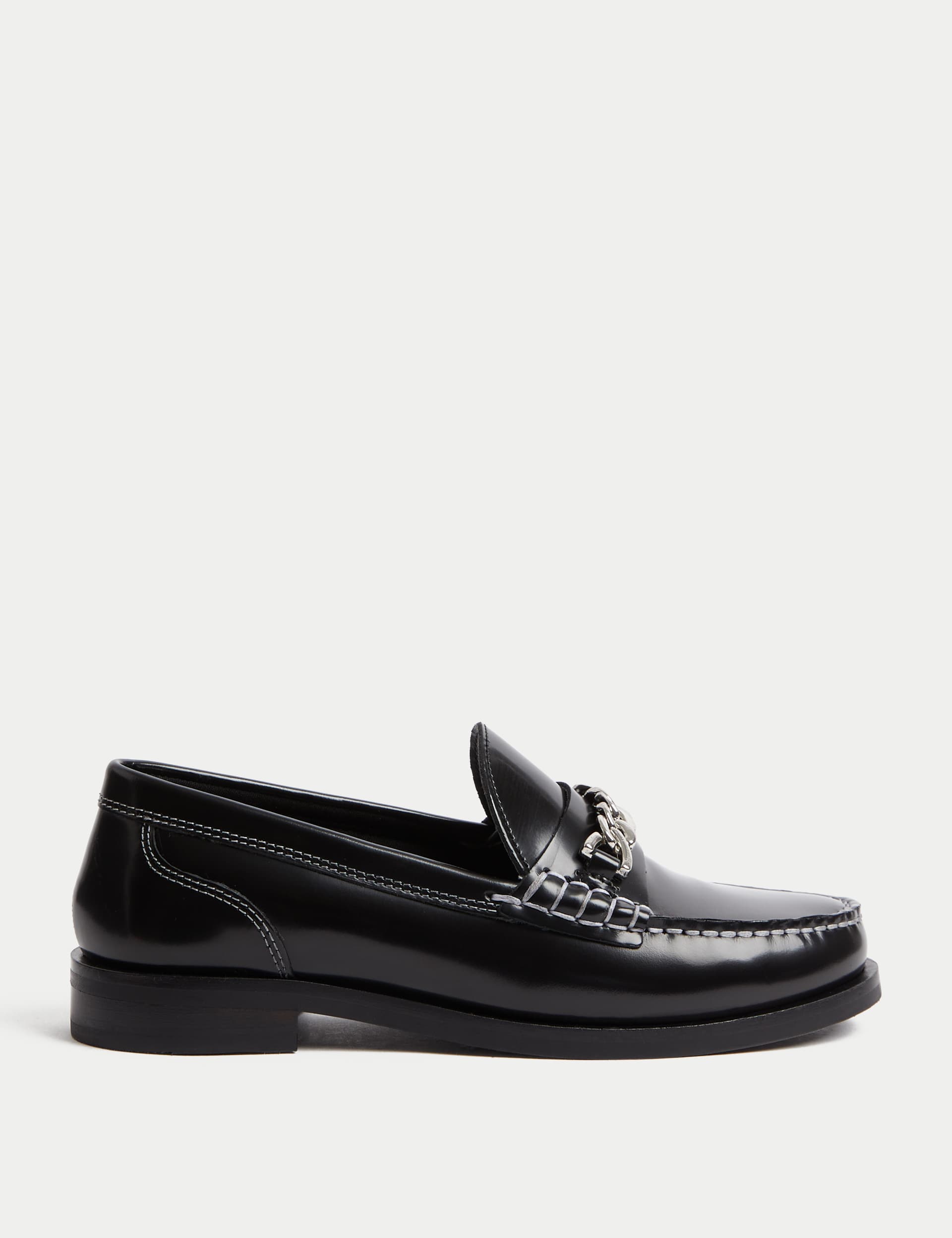 M&S Women's Leather Contrast Chain Detail Loafers - 6 - Black, Black,Black Mix