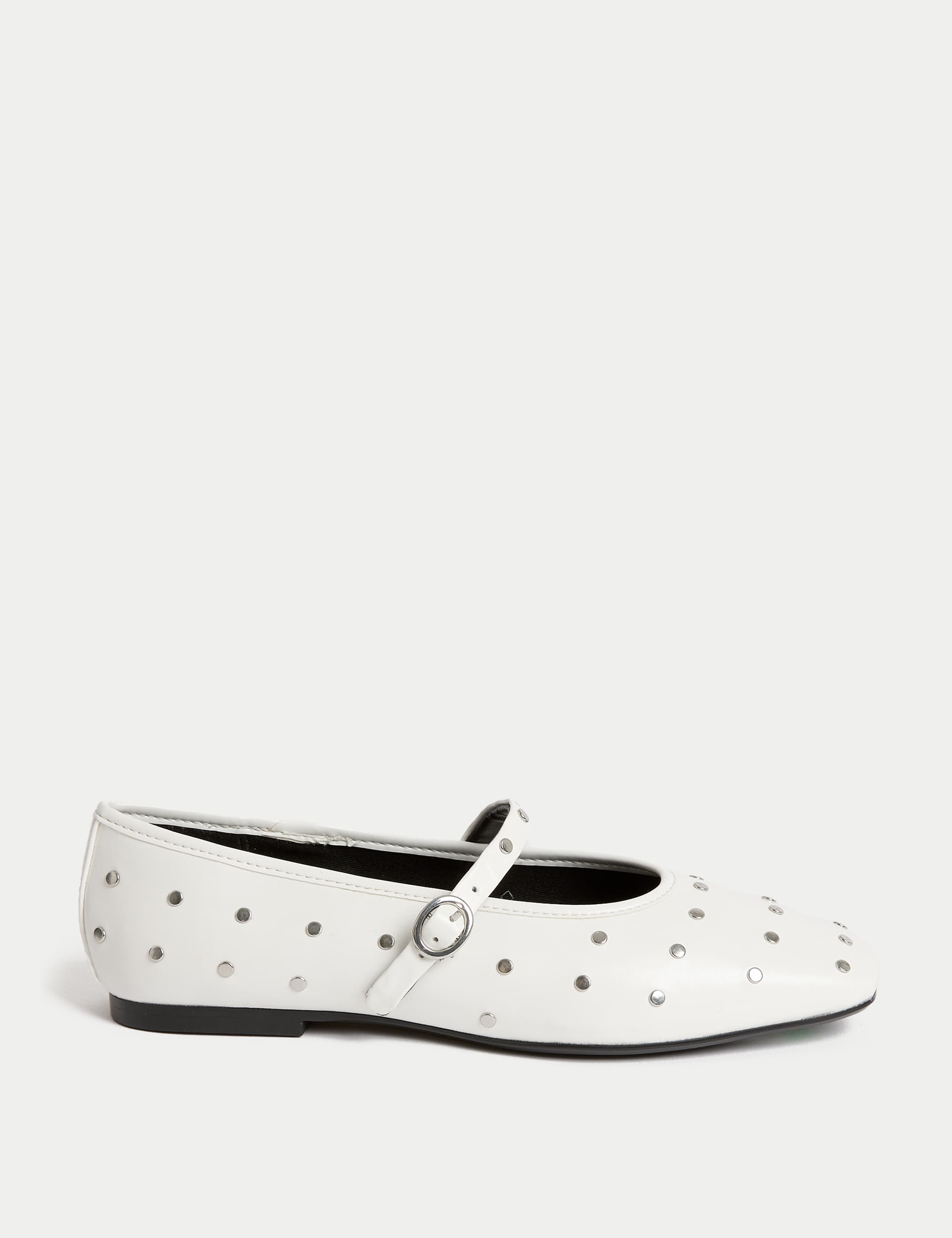 M&S Collection Women's Studded Buckle Flat Ballet Pumps - 6 - White, Black Mix,Red,White