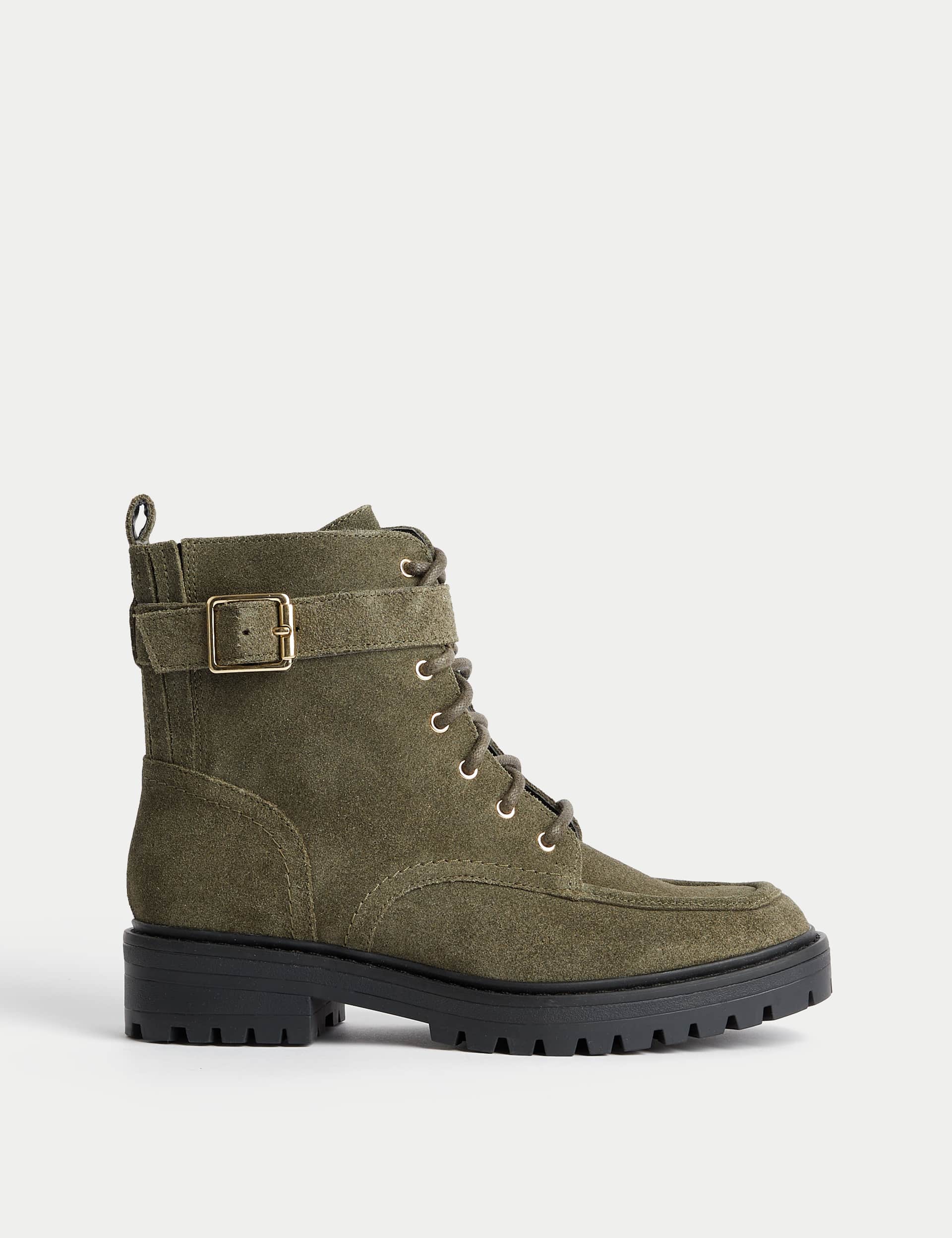M&S Women's Wide Fit Suede Lace Up Buckle Ankle Boots