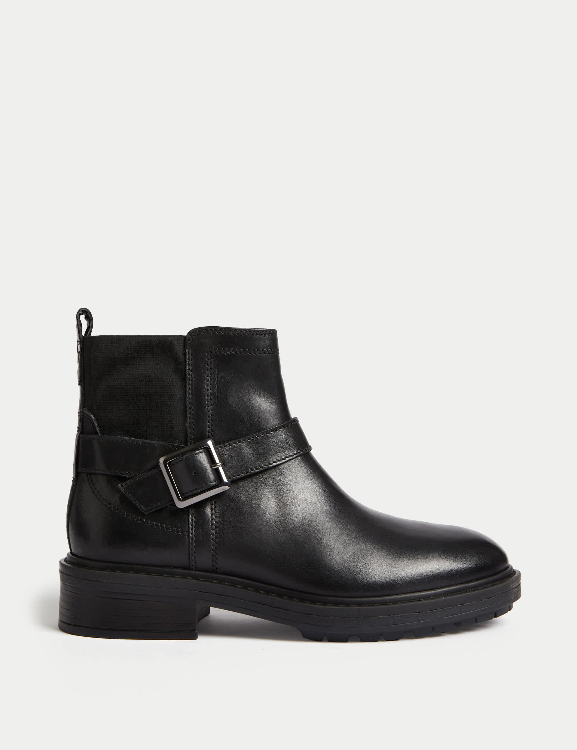 M&S Women's Wide Fit Leather Buckle Flat Ankle Boots