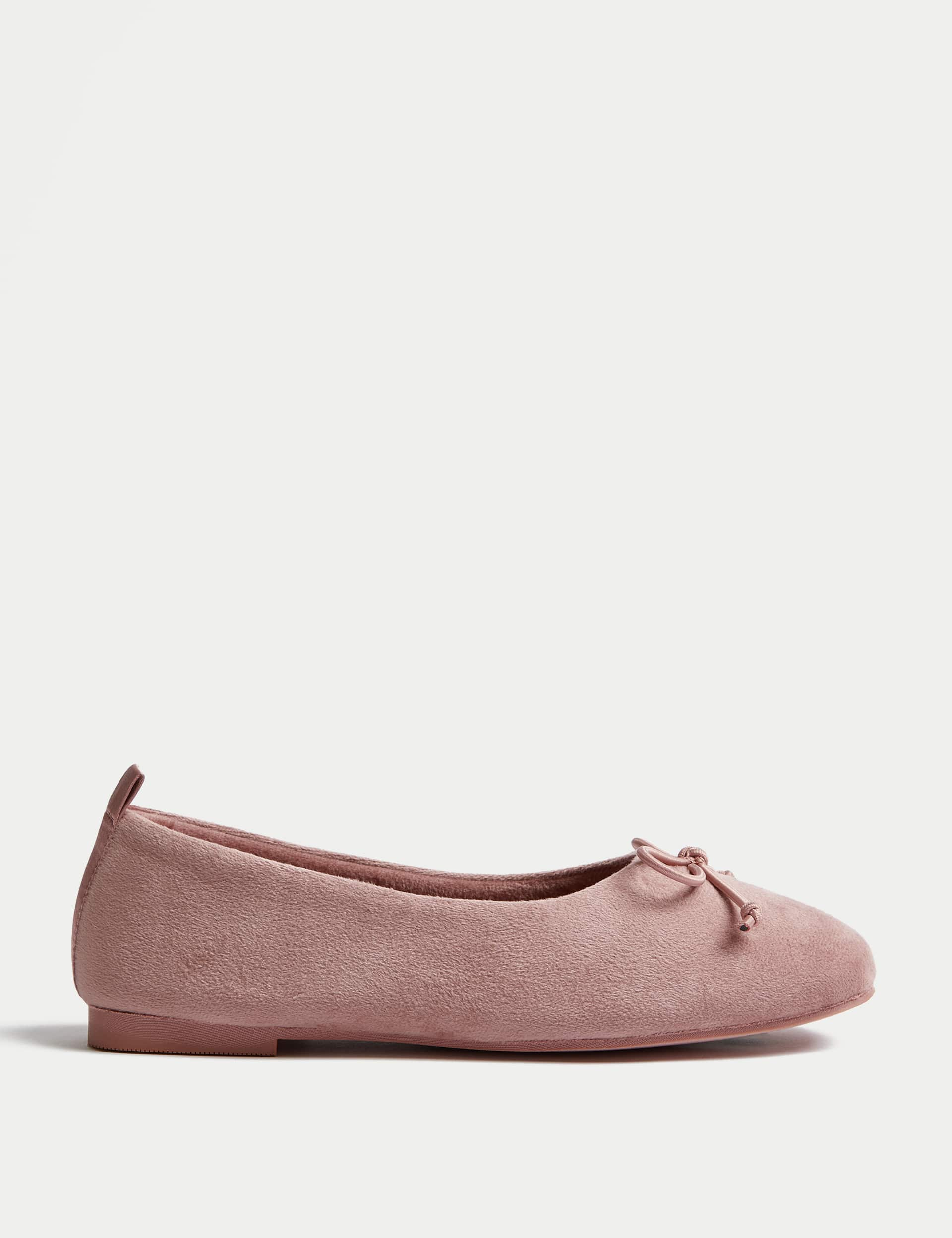 M&S Women's Bow Faux Fur Lined Ballerina Slippers - 8 - Dusty Pink, Dusty Pink