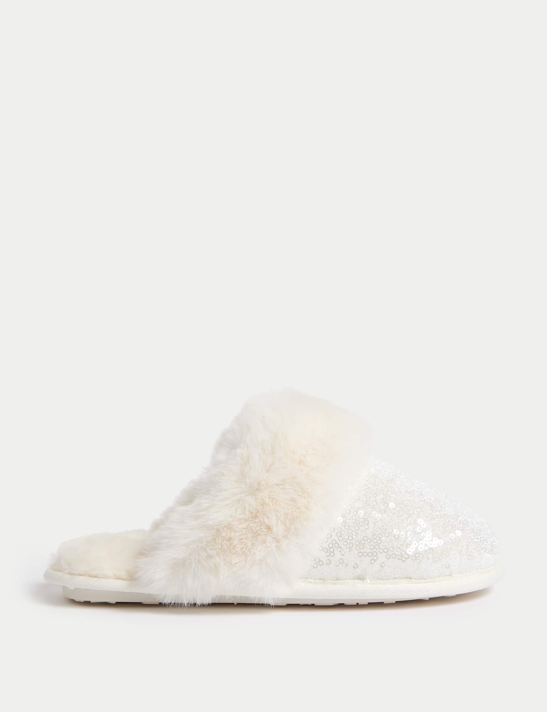 M&S Women's Sequin Faux Fur Cuff Mule Slippers - Cream, Cream,Black