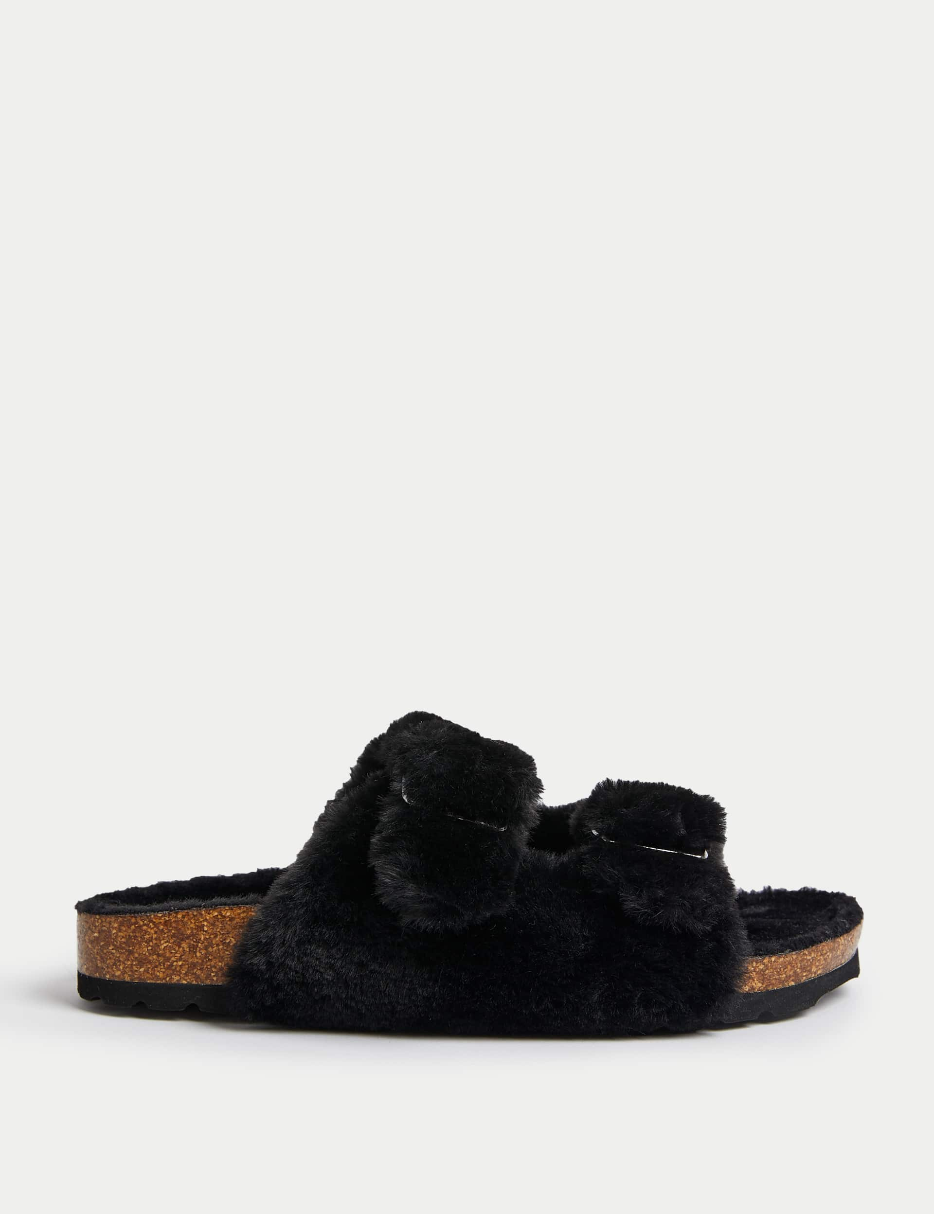 M&S Women's Faux Fur Buckle Slider Slippers - 5 - Black, Black