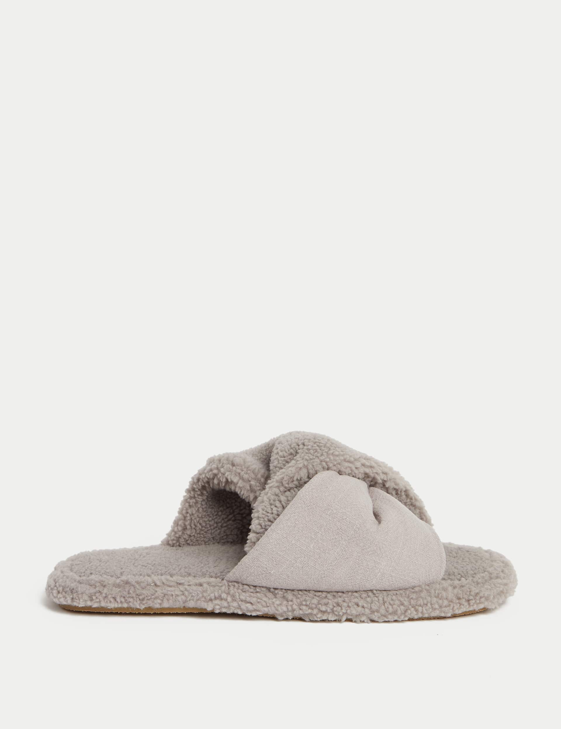 M&S Collection Women's Borg Crossover Slider Slippers - 6 - Grey Mix, Grey Mix,Cream Mix