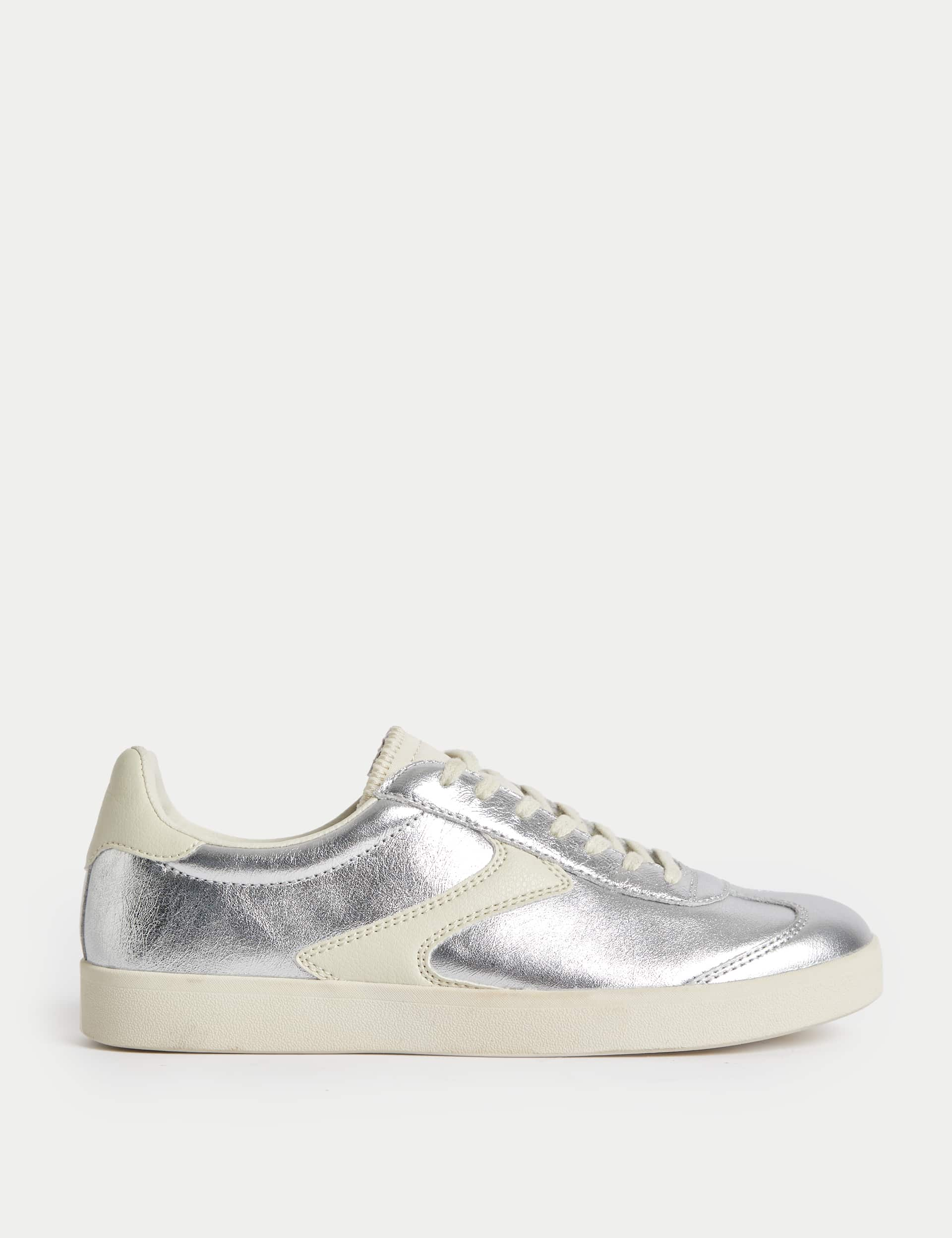 M&S Women's Leather Cupsole Side Detail Trainers - 6 - Silver, Silver