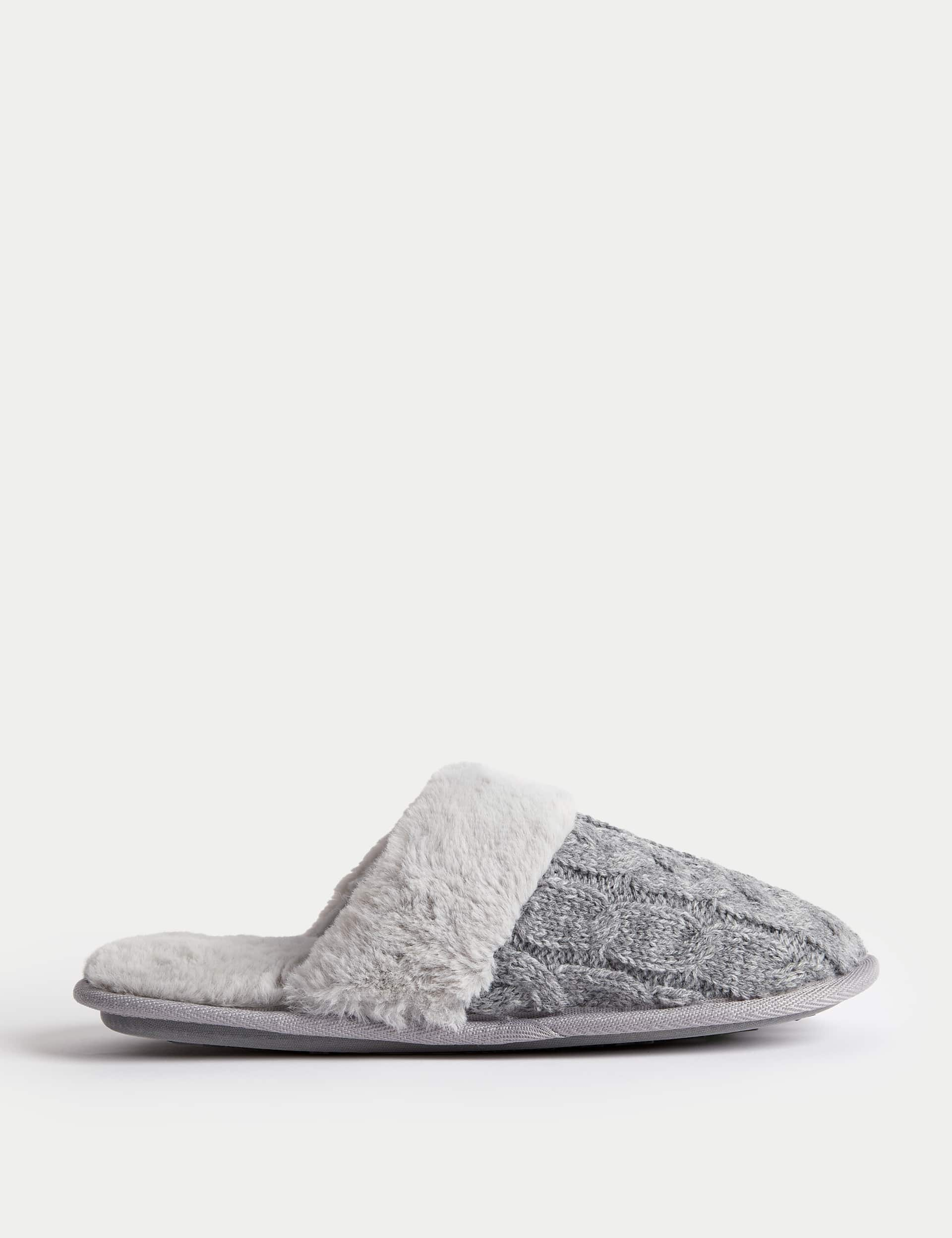 M&S Women's Cable Knit Faux Fur Lined Mule Slippers - 8 - Grey, Grey,Cream