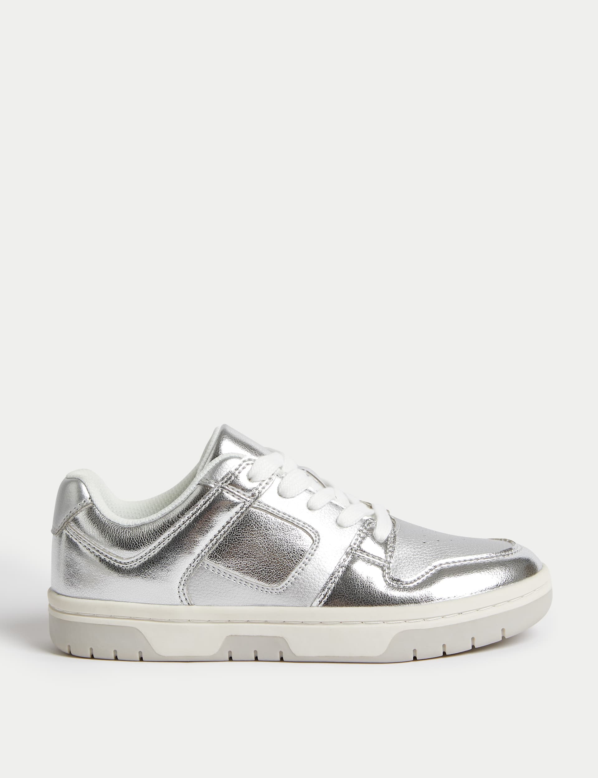 M&S Women's Lace Up Metallic Trainers - 6 - Silver, Silver